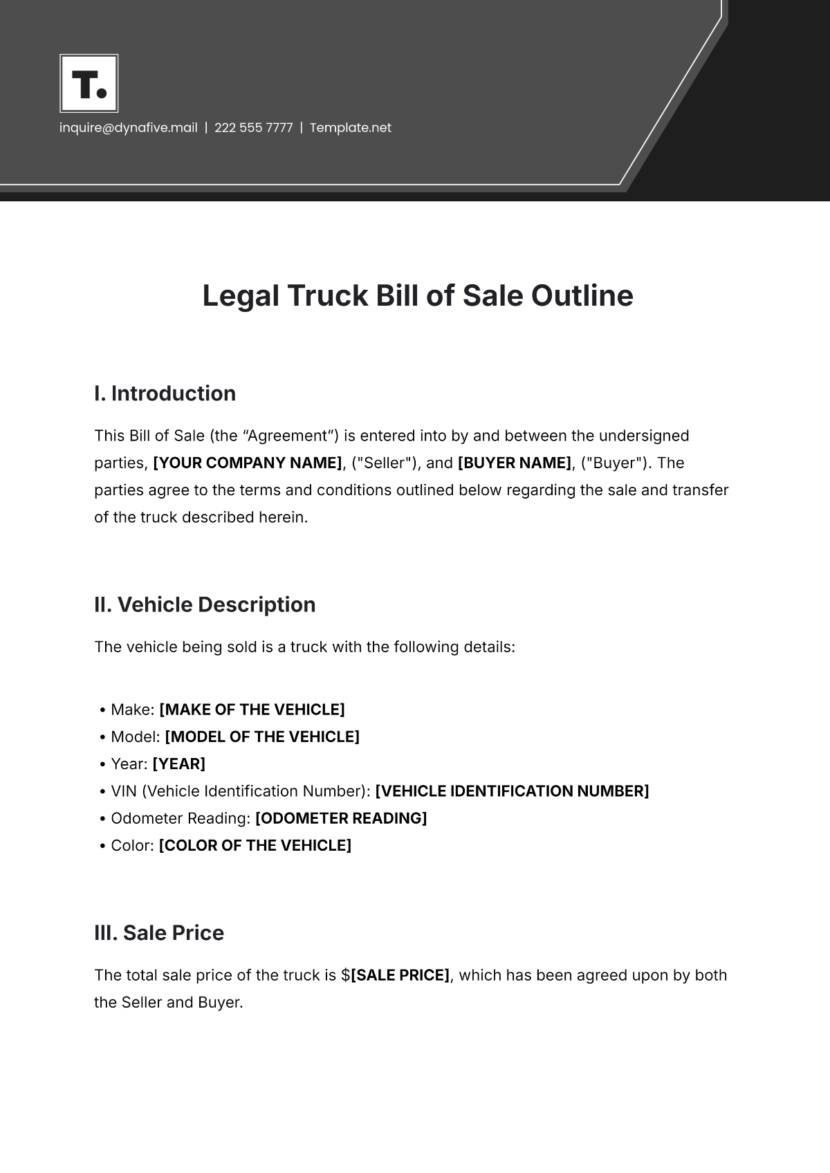 Free Legal Truck Bill of Sale Outline Template