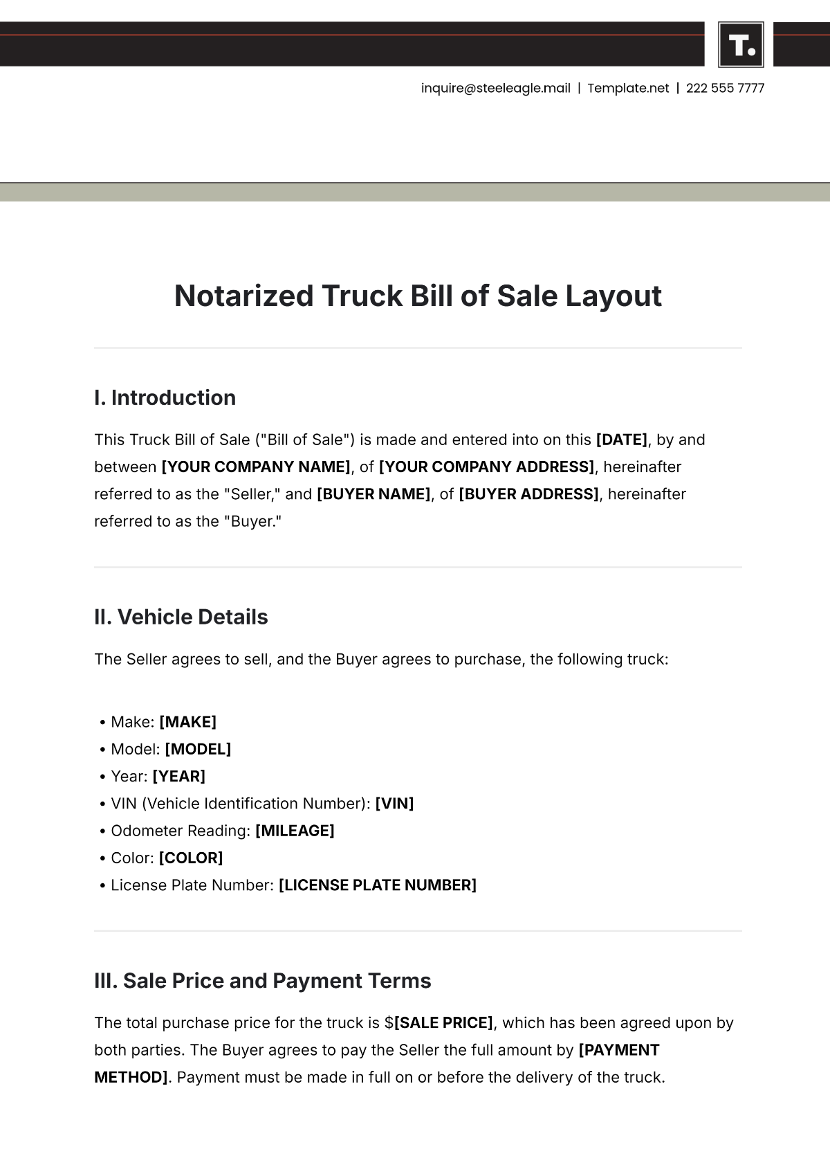 Free Notarized Truck Bill of Sale Layout Template