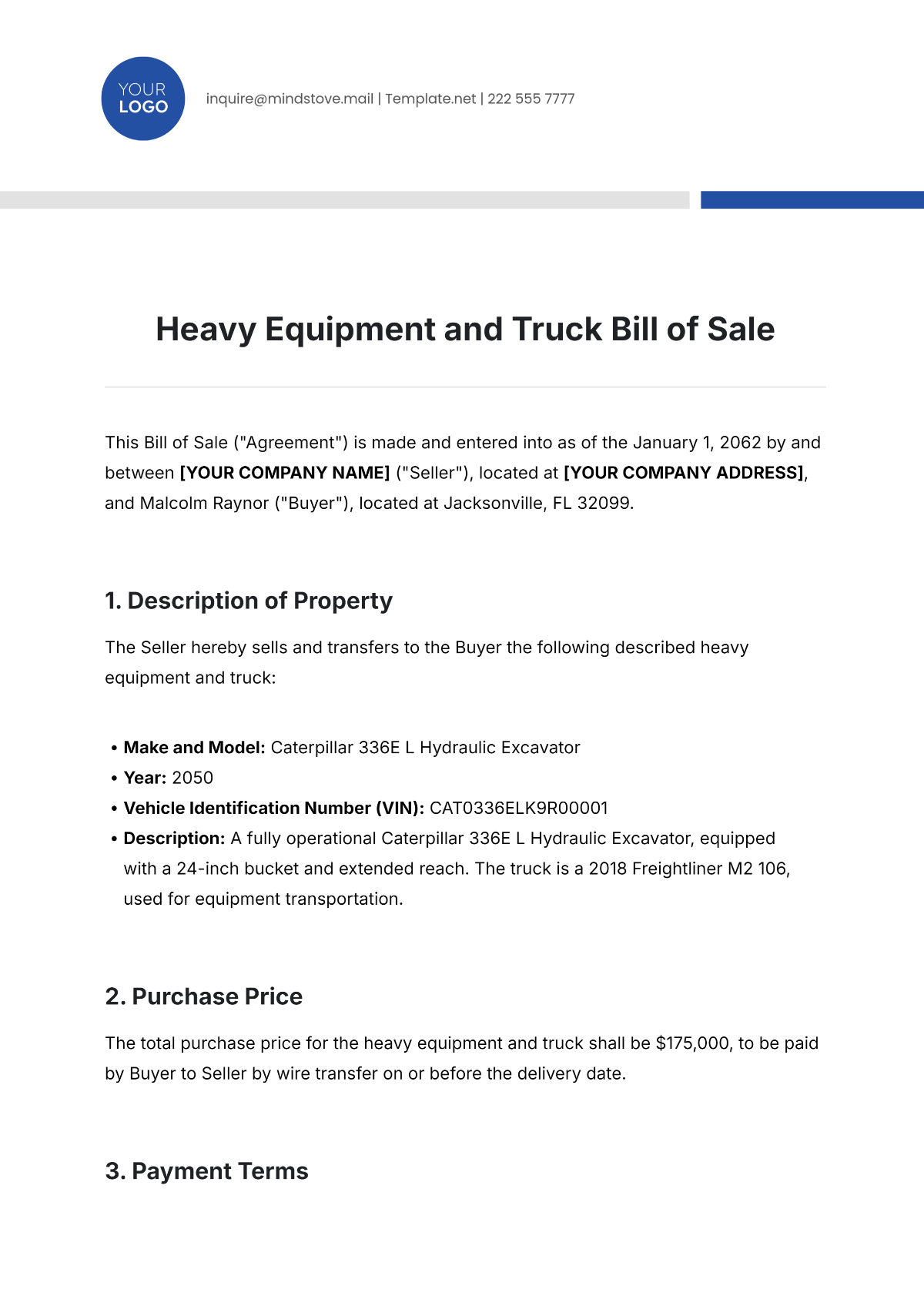 Free Heavy Equipment and Truck Bill of Sale Template