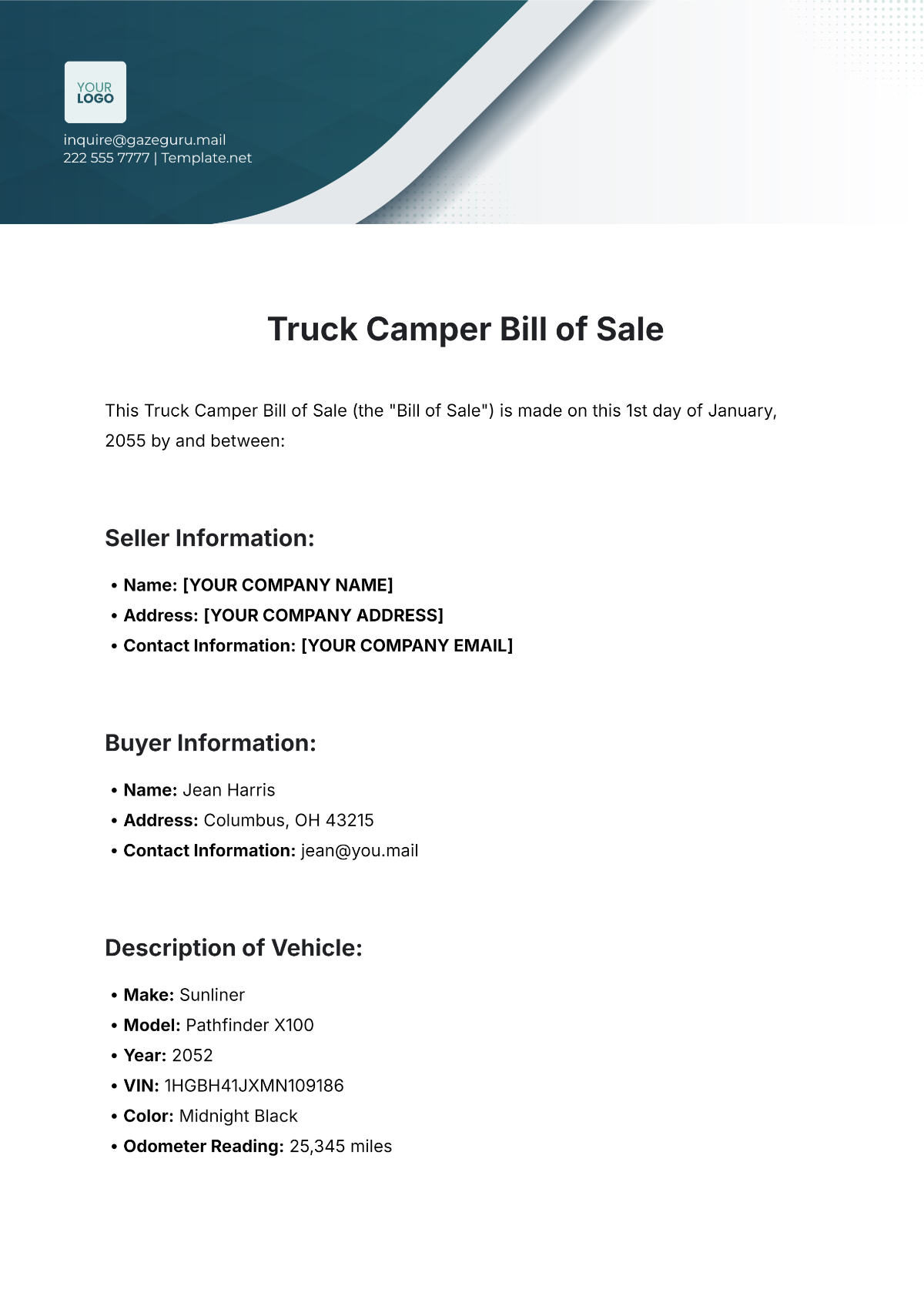 Free Truck Camper Bill of Sale Template