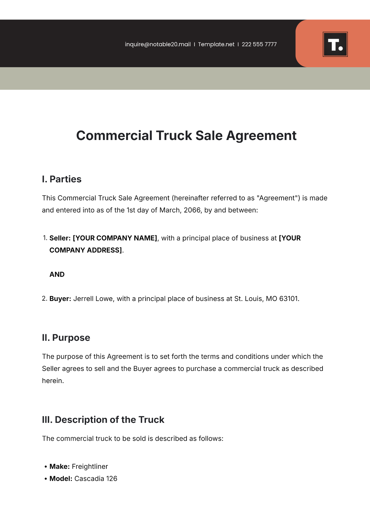 Free Commercial Truck Sale Agreement Template