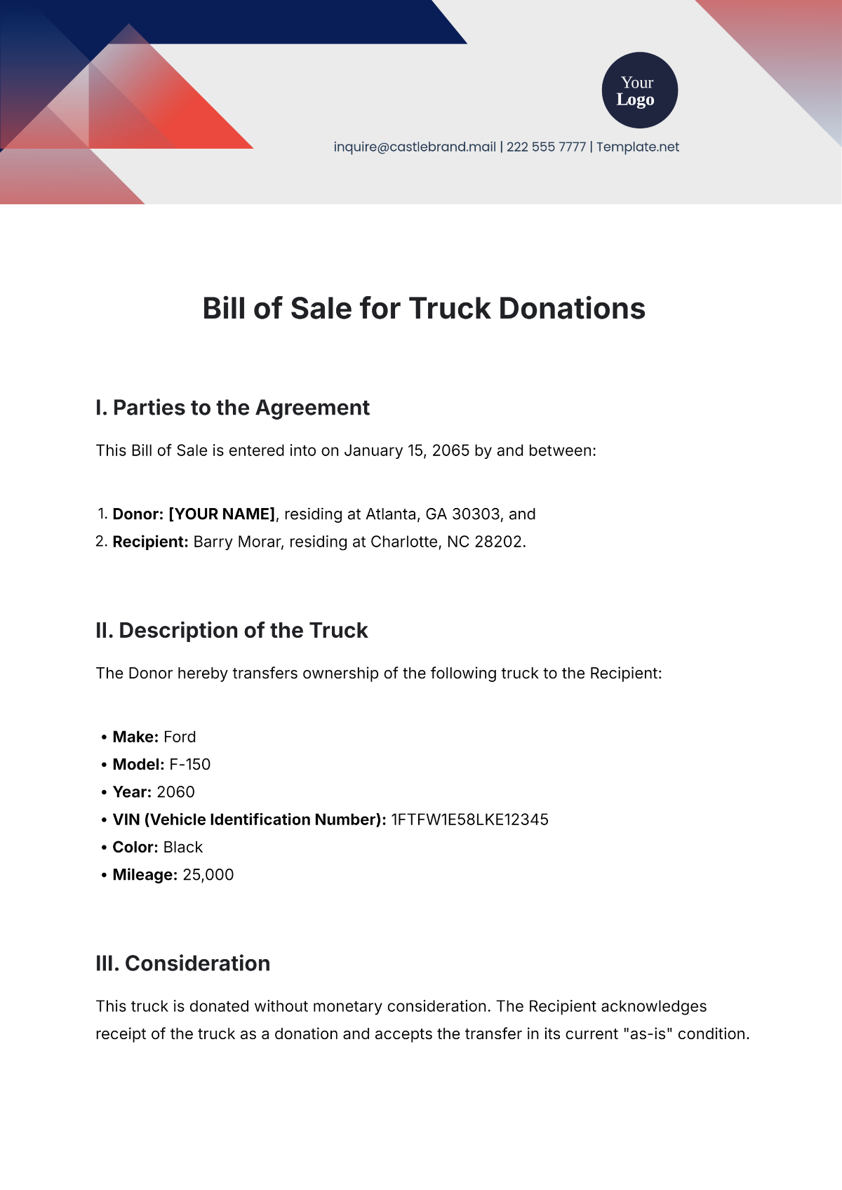 Free Bill of Sale Template for Truck Donations