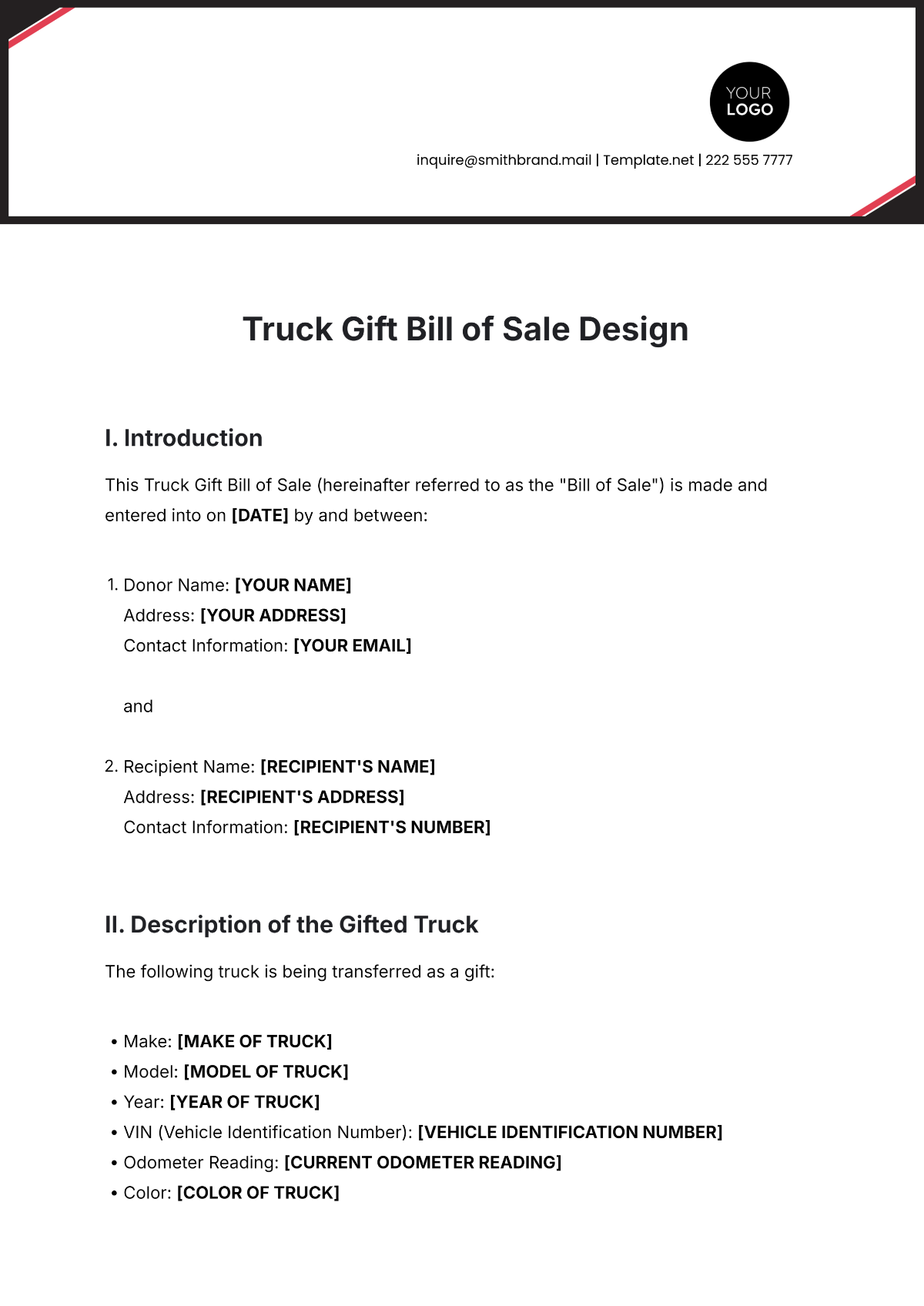 Free Truck Gift Bill of Sale Design Template