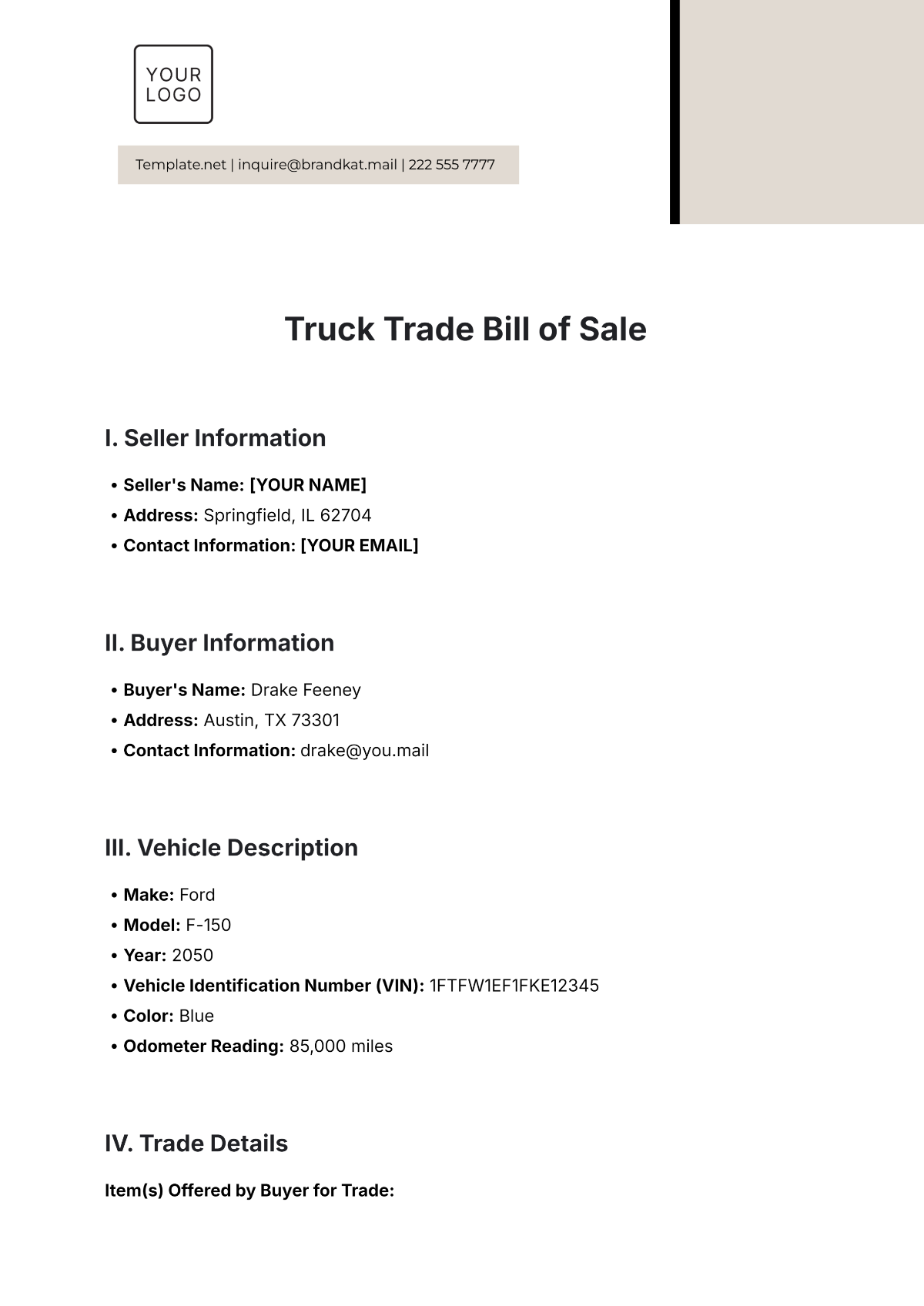 Free Truck Trade Bill of Sale Template