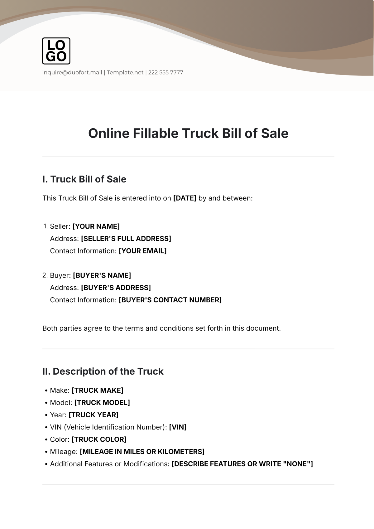 Free Online Fillable Truck Bill of Sale Template