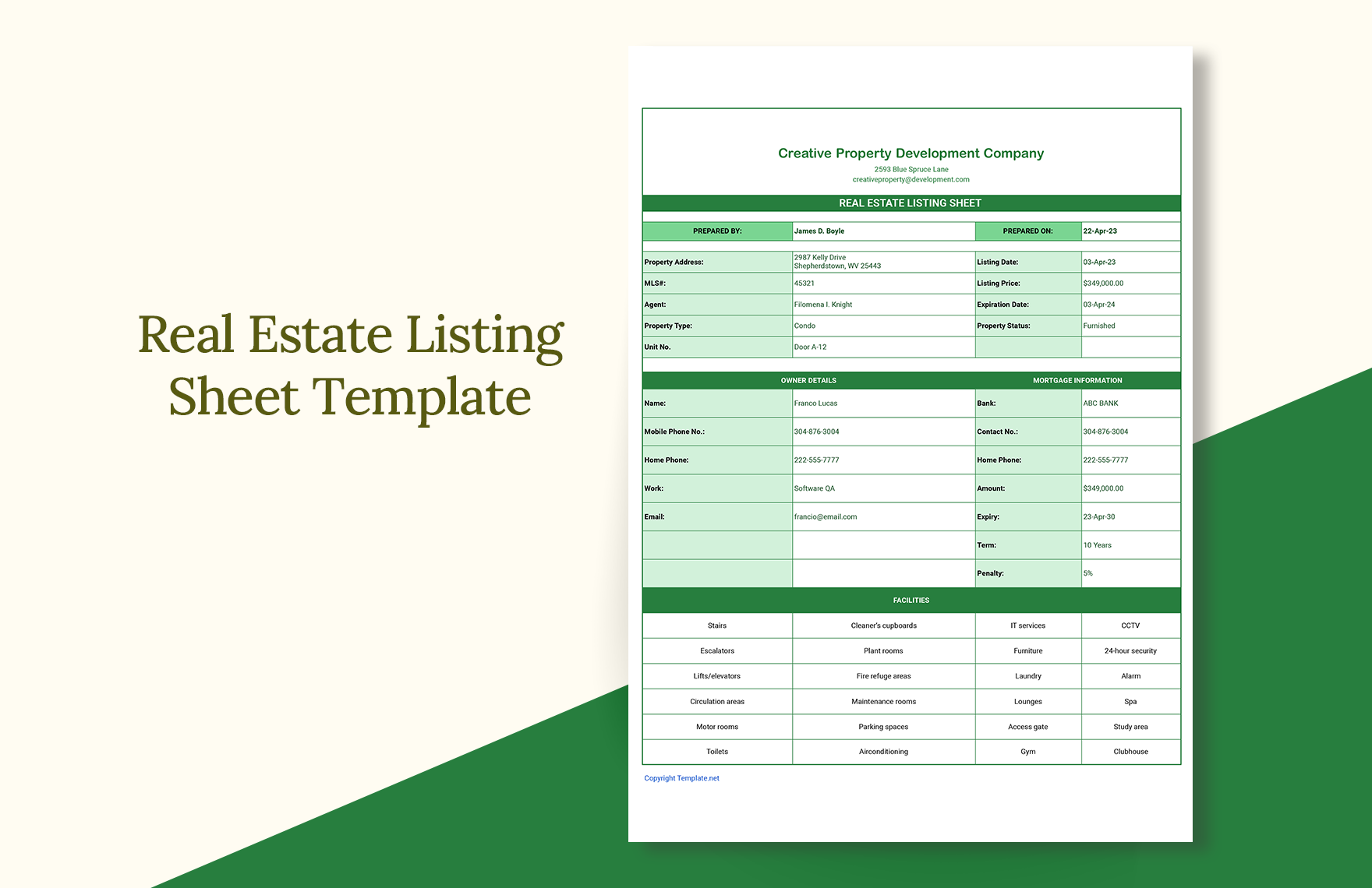 Real Estate Listing Sheet Template in Excel, PDF, Google Sheets, Apple Numbers
