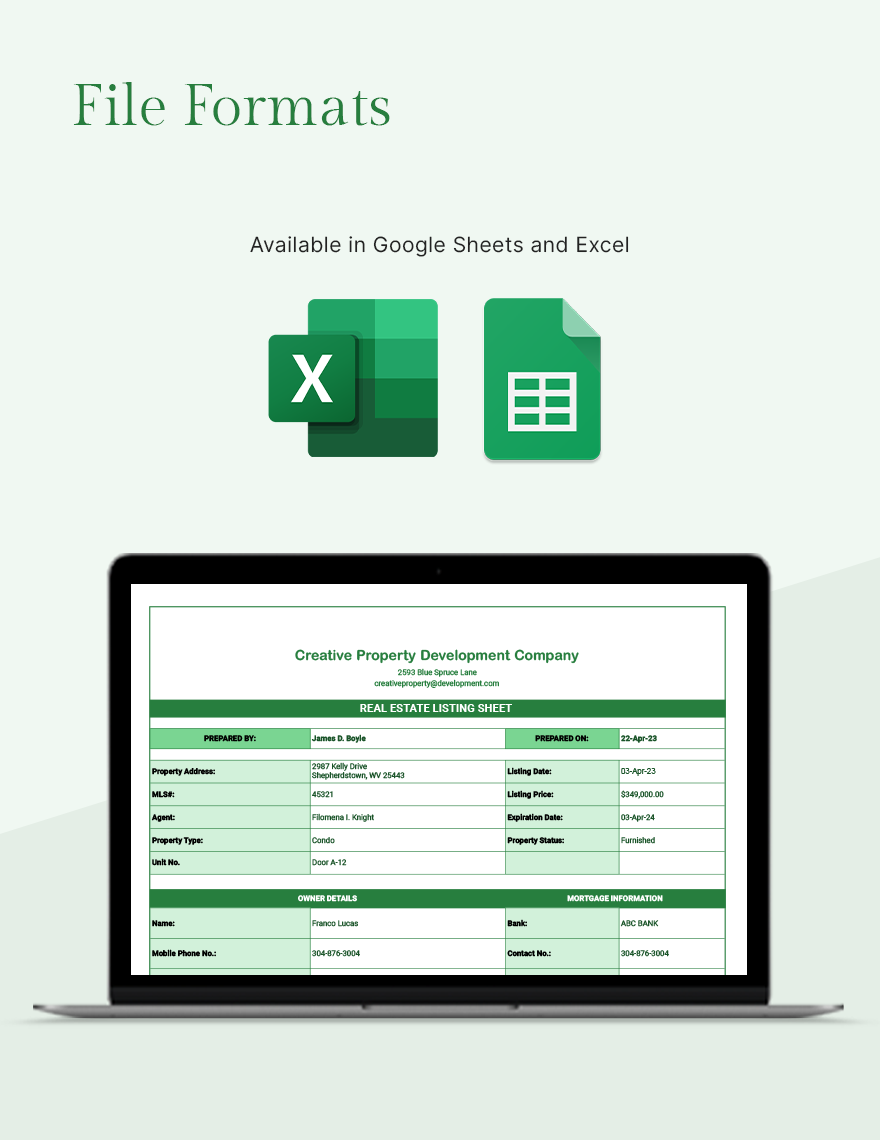 Real Estate Listing Sheet Template Google Sheets, Excel, Apple Numbers