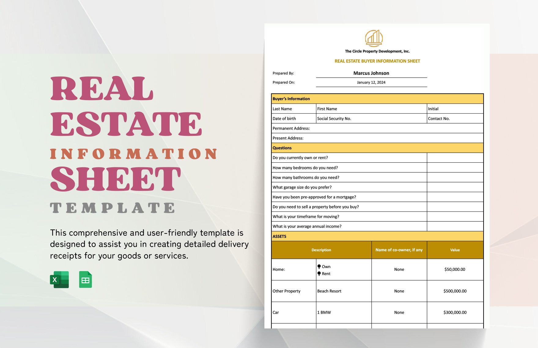 Real Estate Buyer Information Sheet Template in Word, Google Docs, Excel, Google Sheets, Apple Numbers