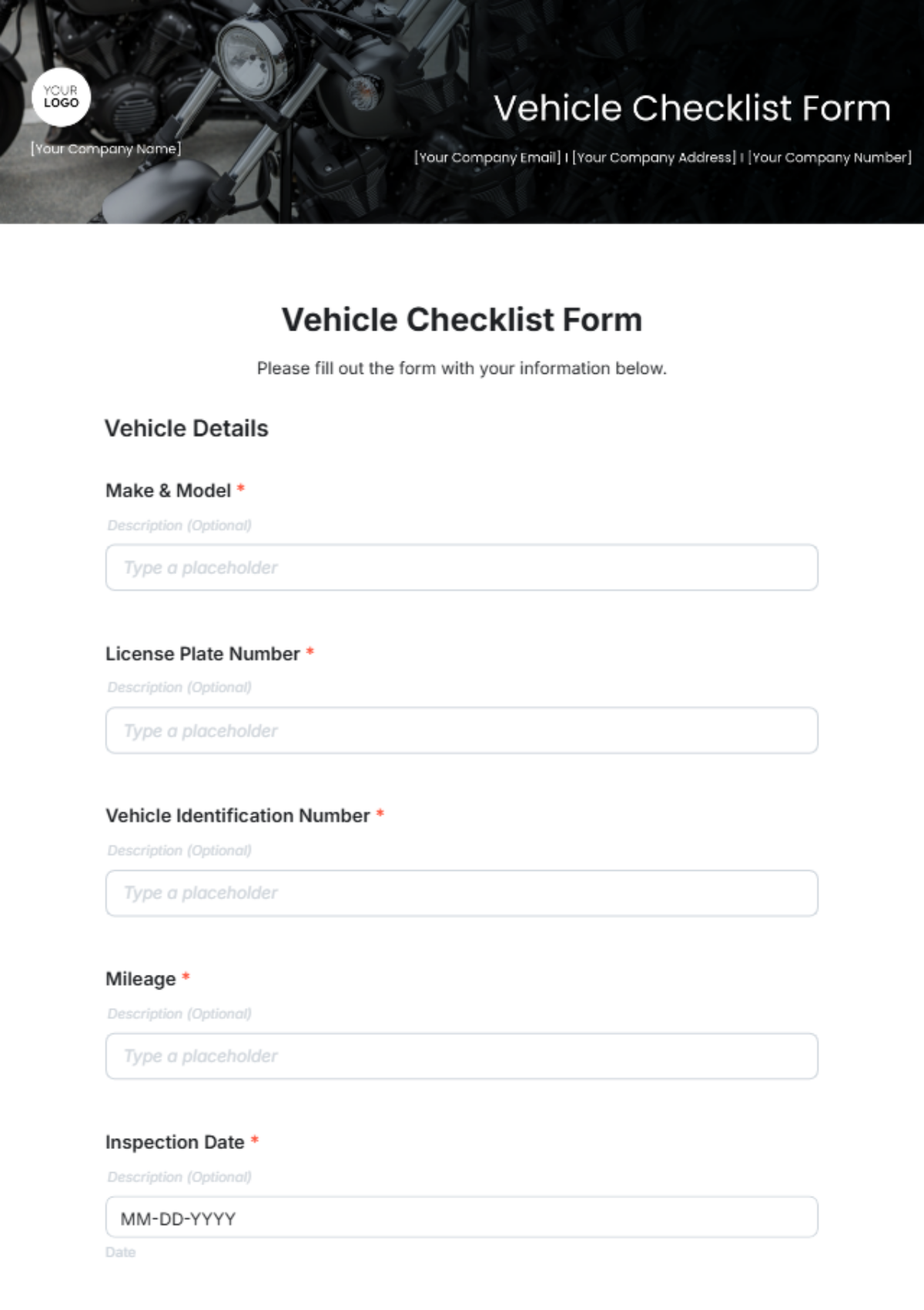 Free Vehicle Checklist Form Template