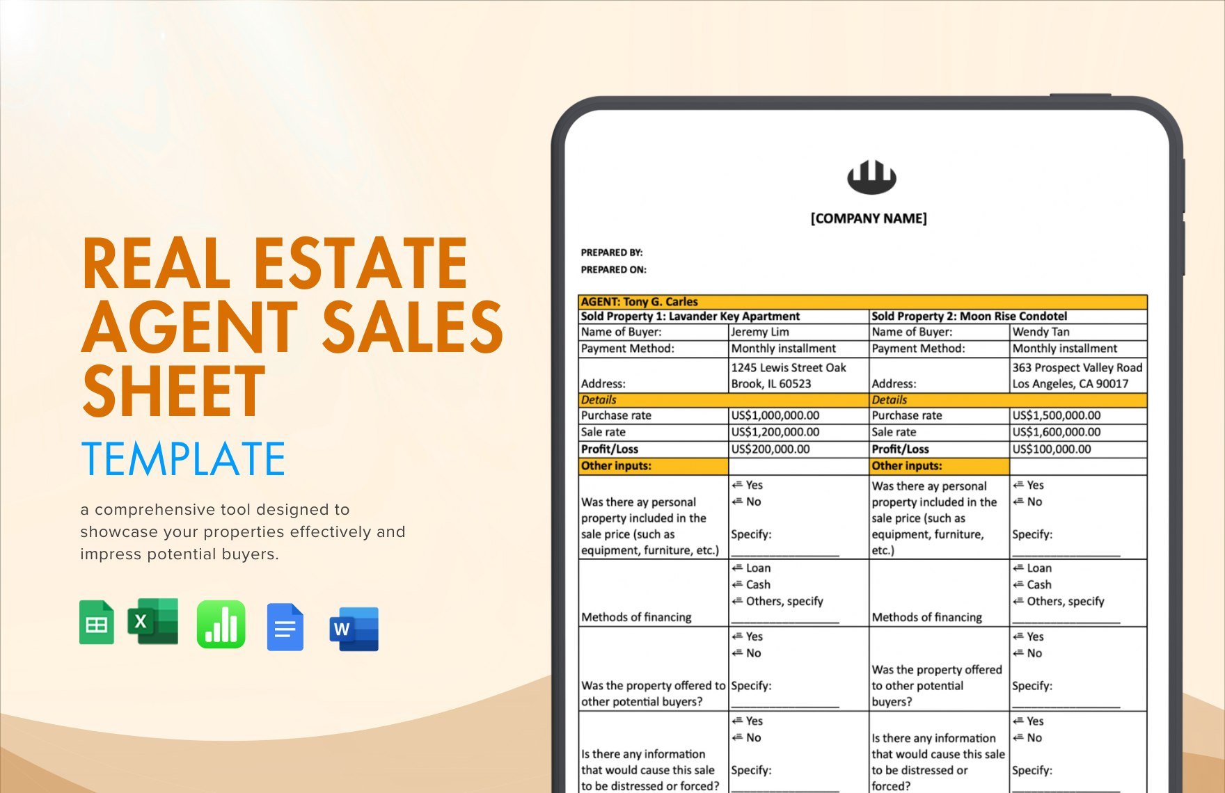 Real Estate Agent Sales Sheet Template in Word, Google Docs, Excel, Google Sheets, Apple Numbers