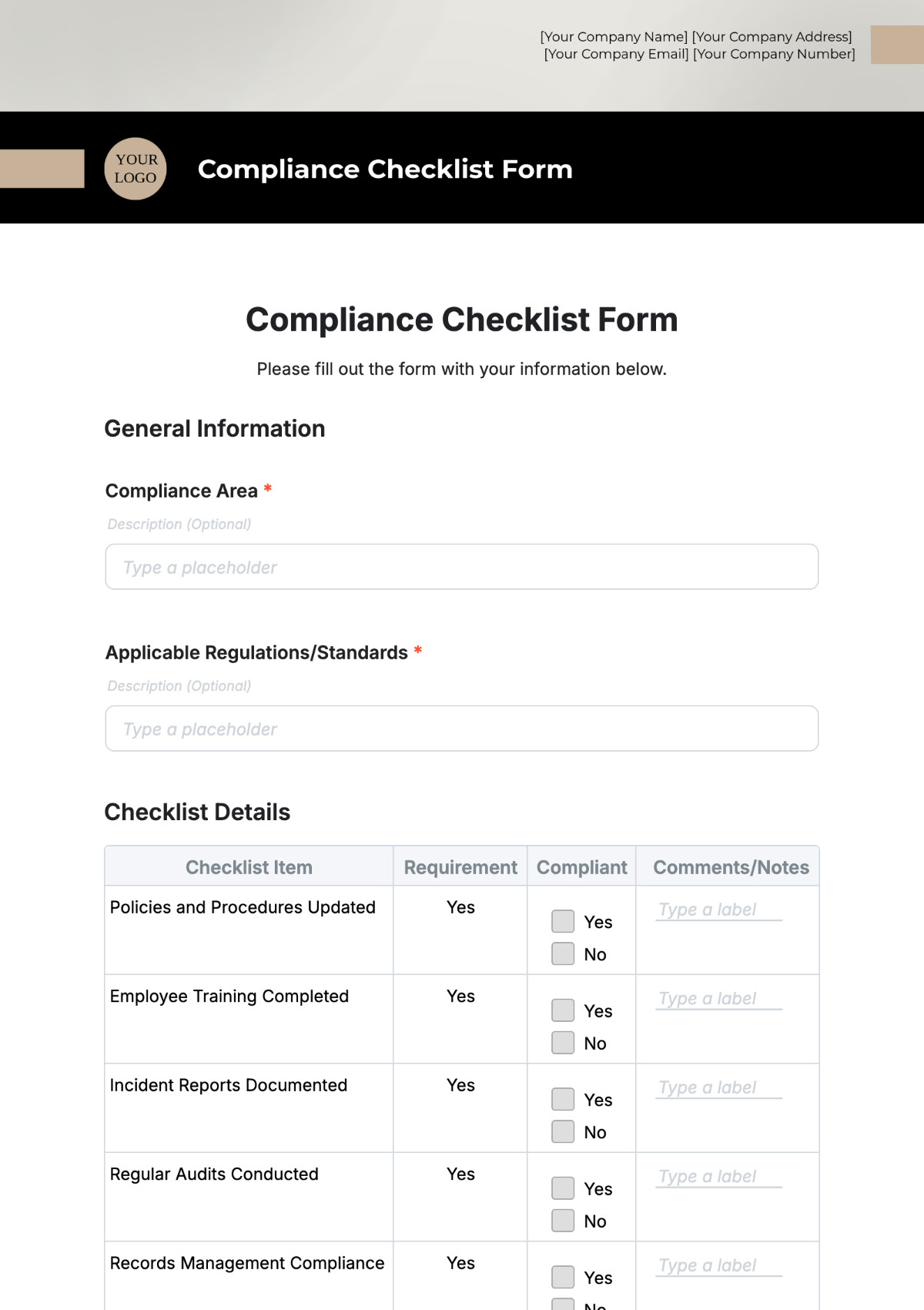 Free Compliance Checklist Form Template