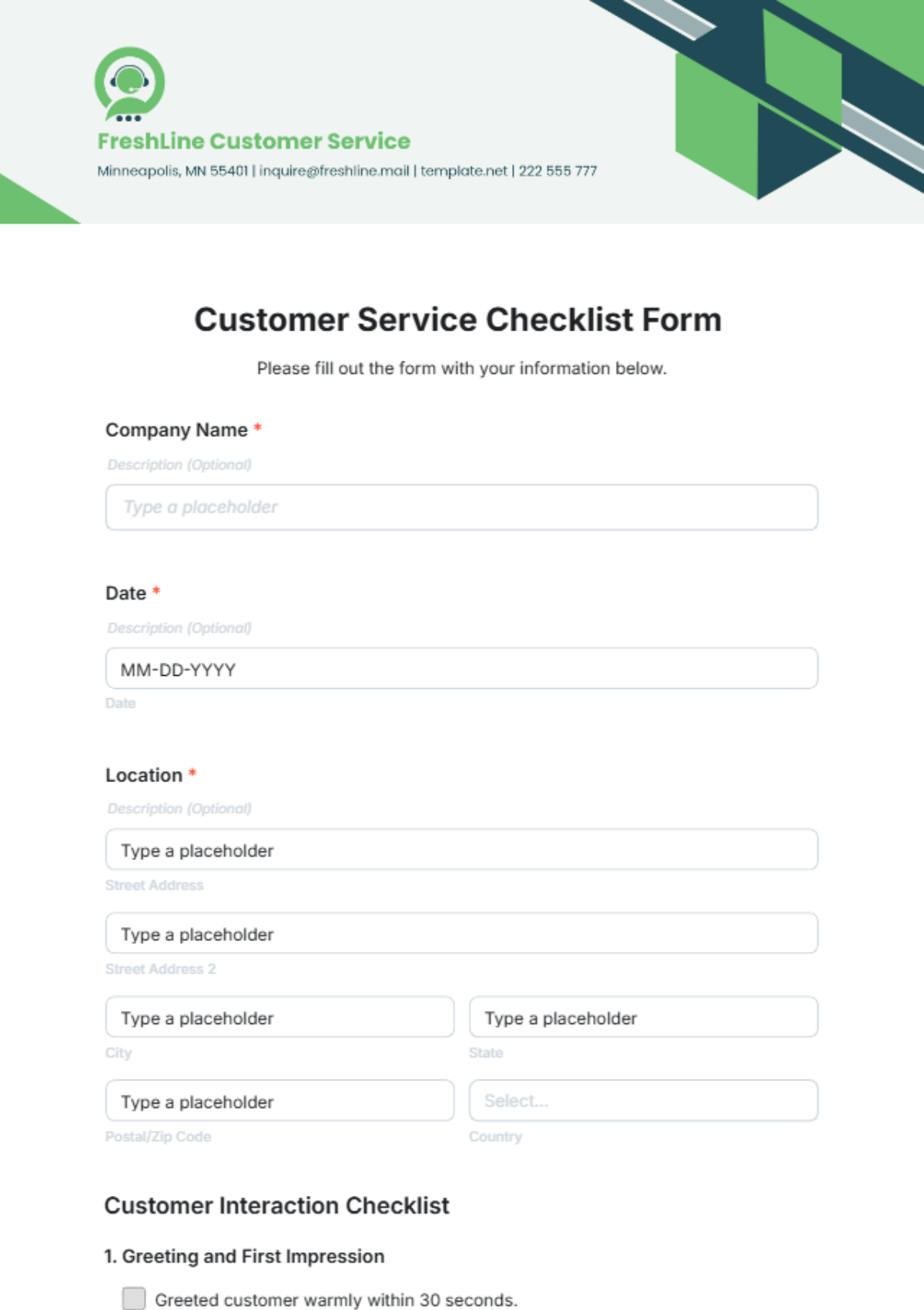 Free Customer Service Checklist Form Template