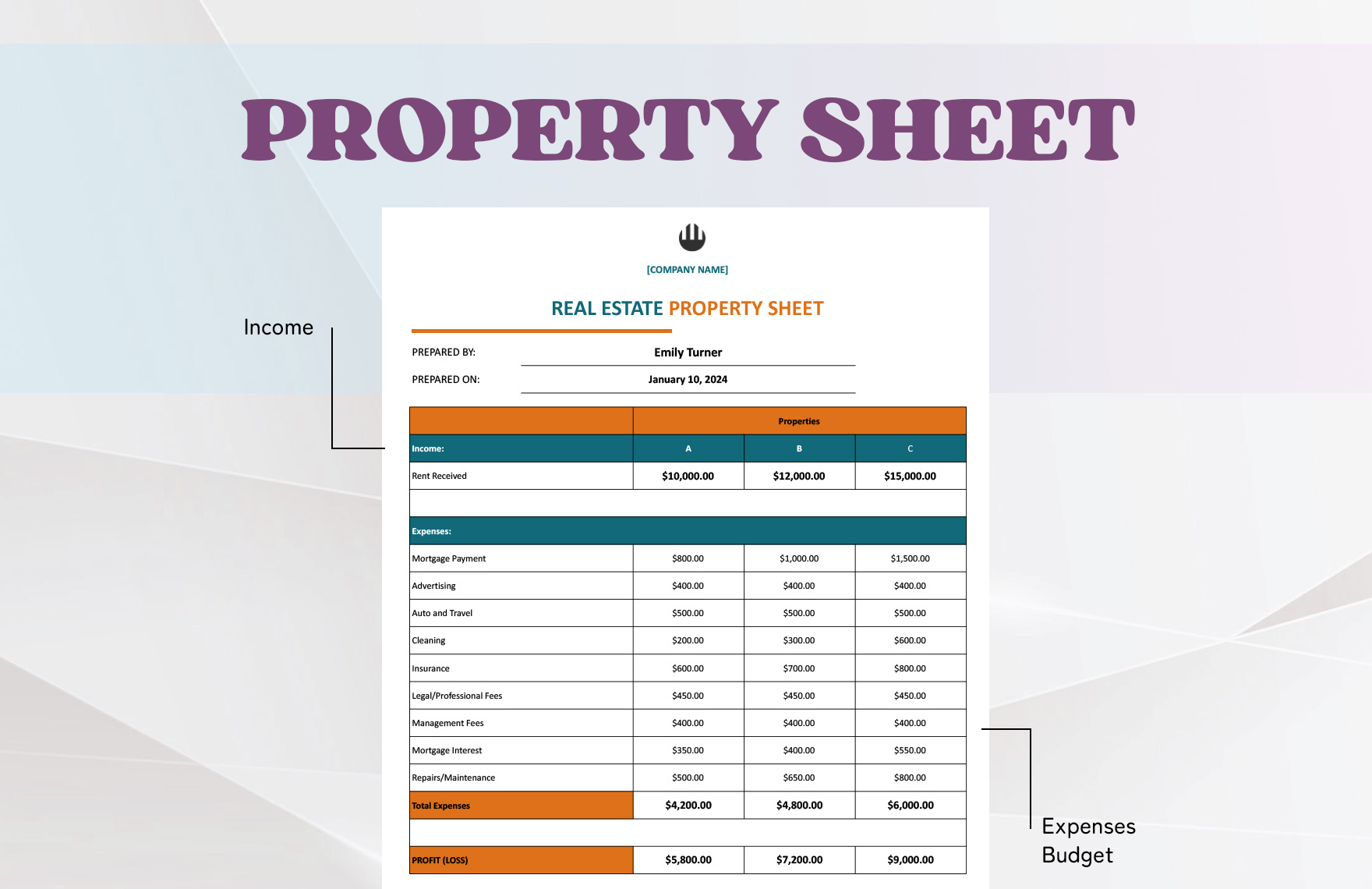 Real Estate Property Sheet Template