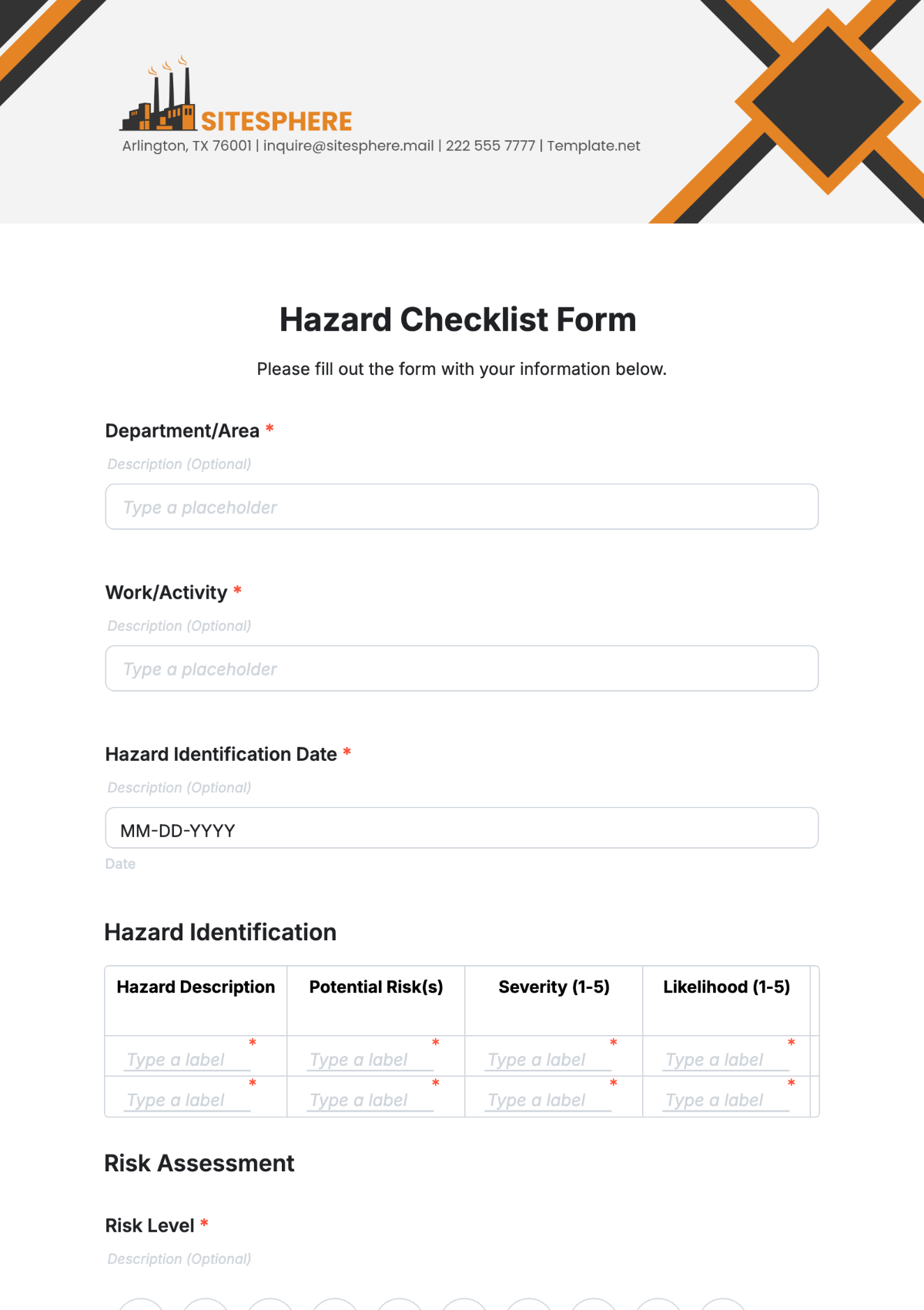 Free Hazard Checklist Form Template