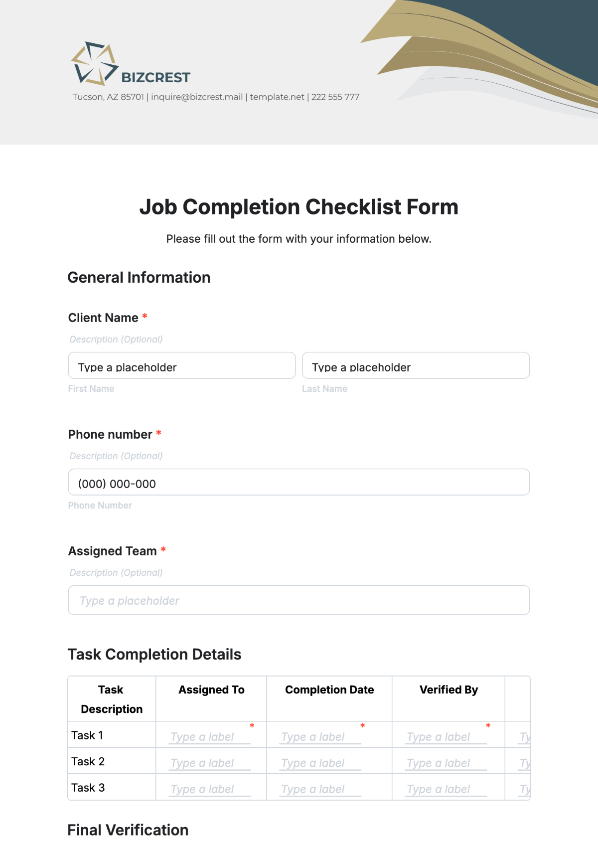 Free Job Completion Checklist Form Template