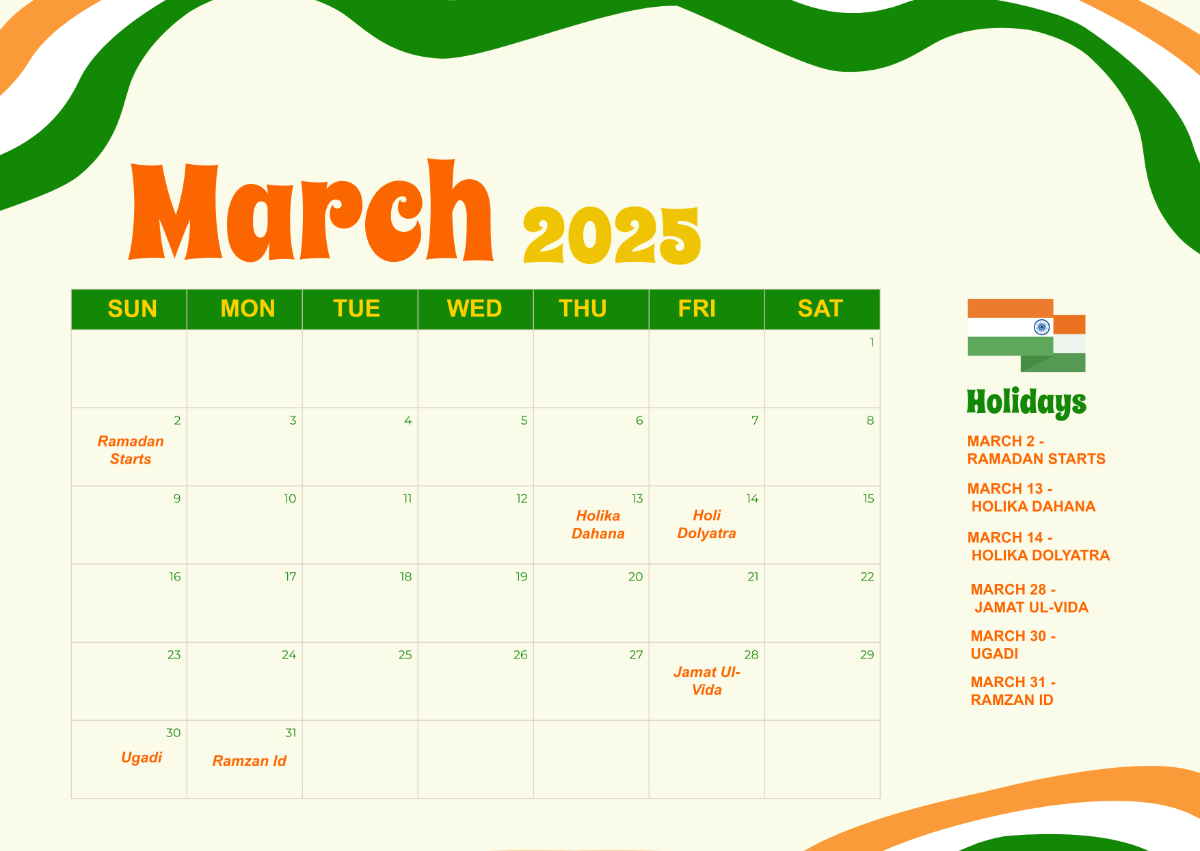 Free March 2025 Calendar with India Holidays Template