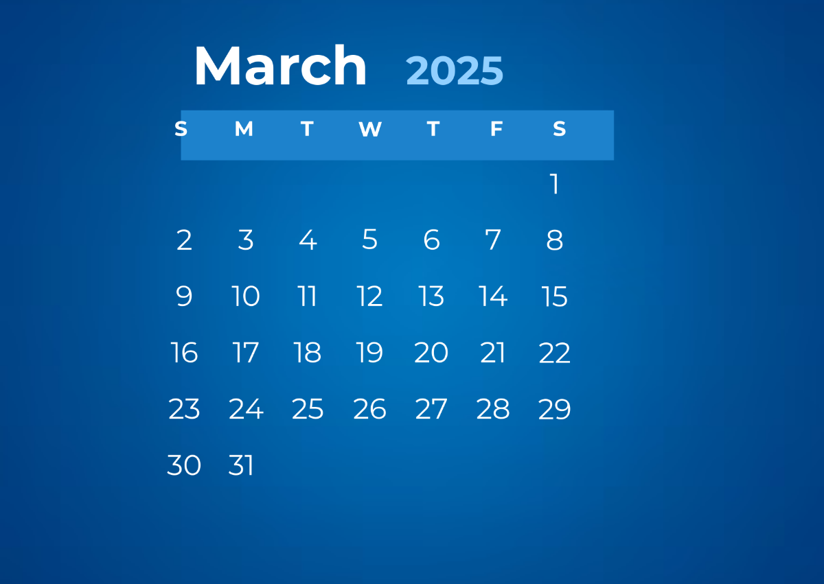 Free Blue Minimalist March 2025 Calendar Template