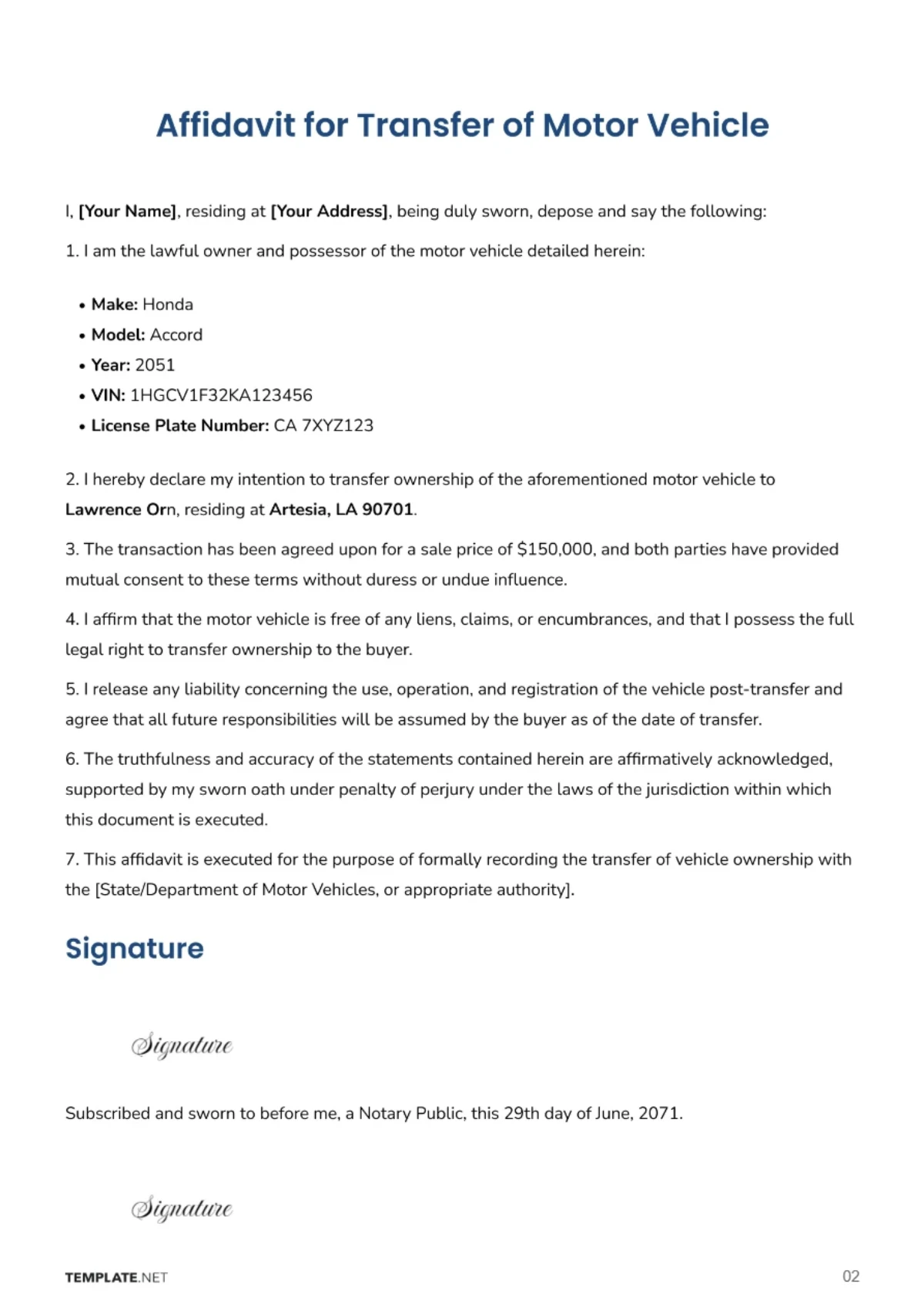 Free Affidavit for Transfer of Motor Vehicle Template to Edit Online