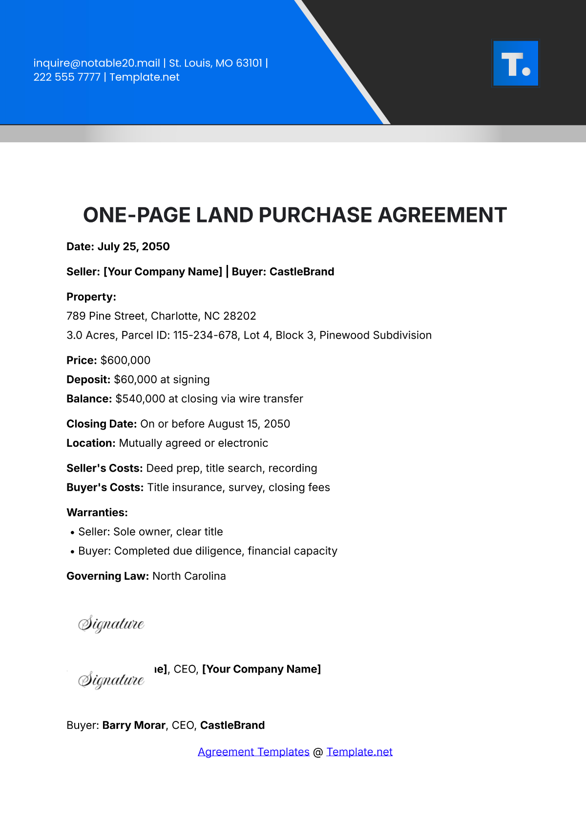 Free One-Page Land Purchase Agreement Template