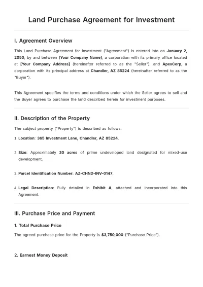 Free Land Purchase Agreement for Investment Template to Edit Online