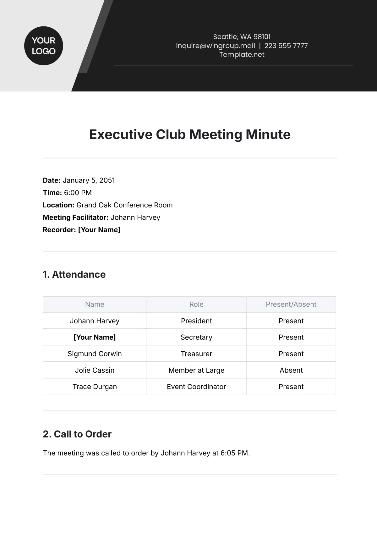 Free Executive Club Meeting Minute Template