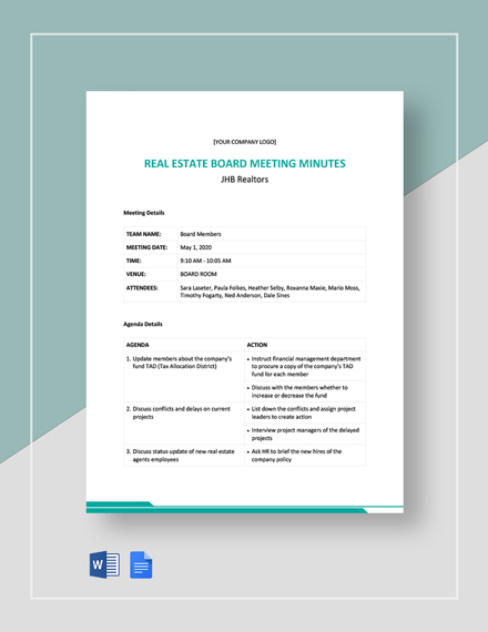 FREE Real Estate Meeting Minutes Templates - Word | Google Docs | Apple ...