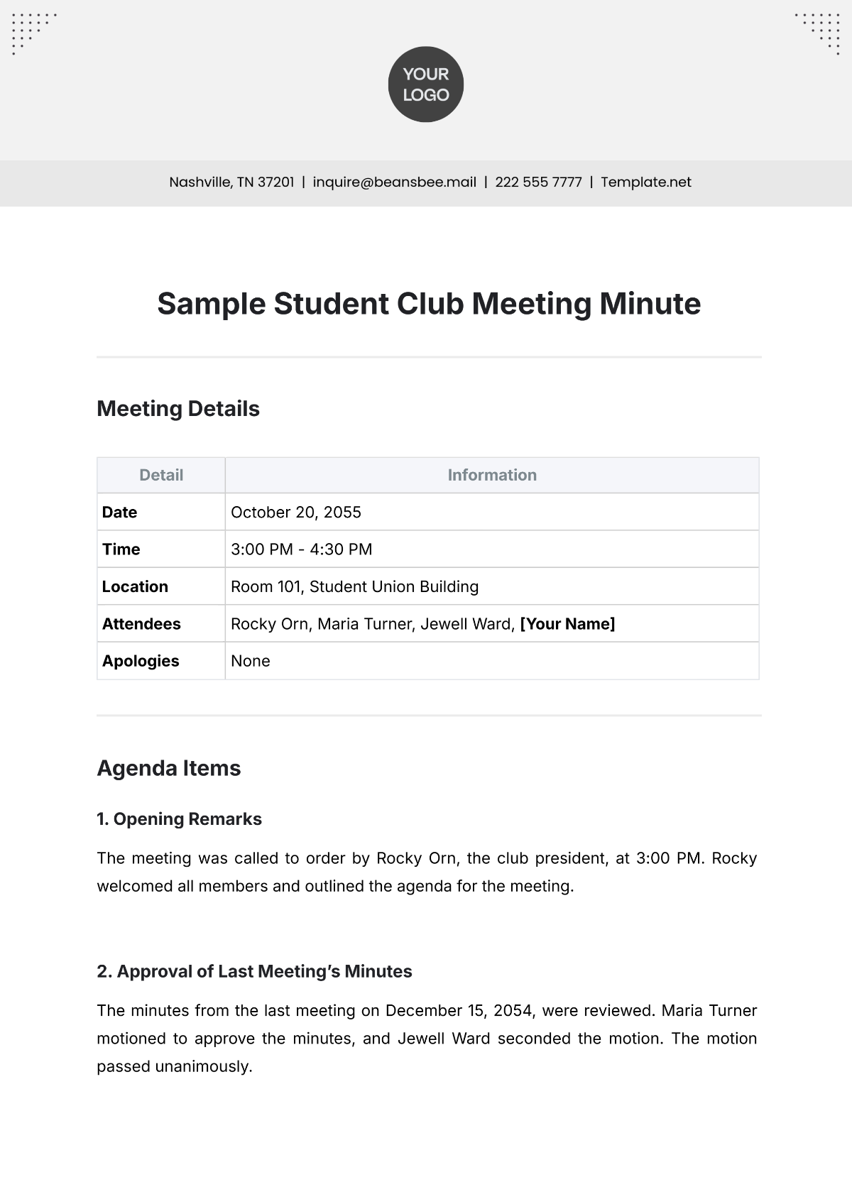 Free Sample Student Club Meeting Minute Template