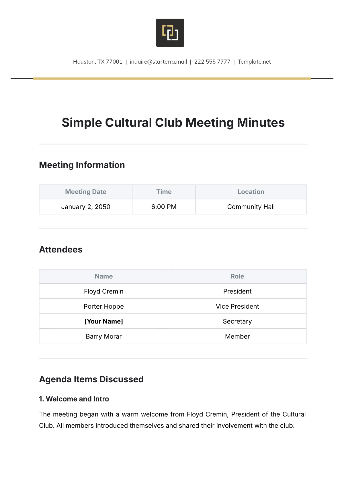 Free Simple Cultural Club Meeting Minutes Template