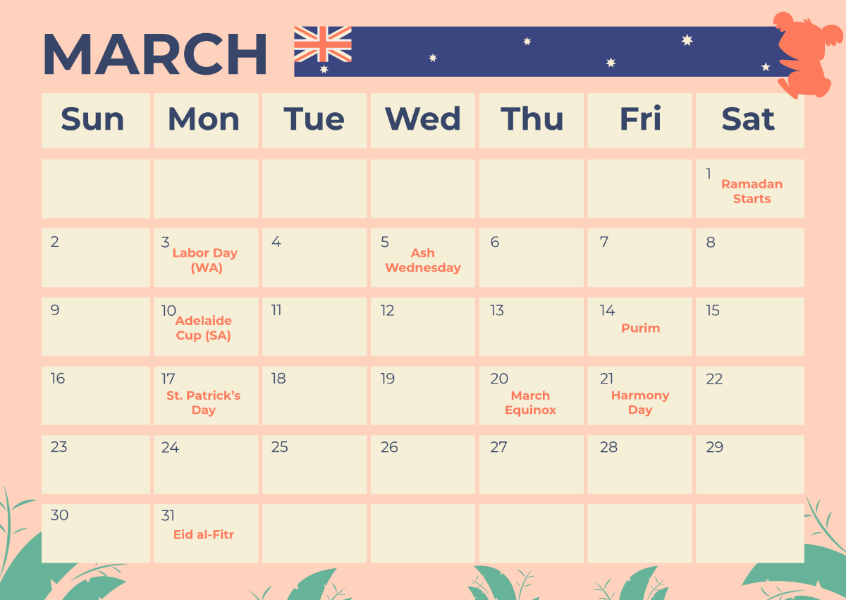 Free March 2025 Calendar with Australia Holidays Template