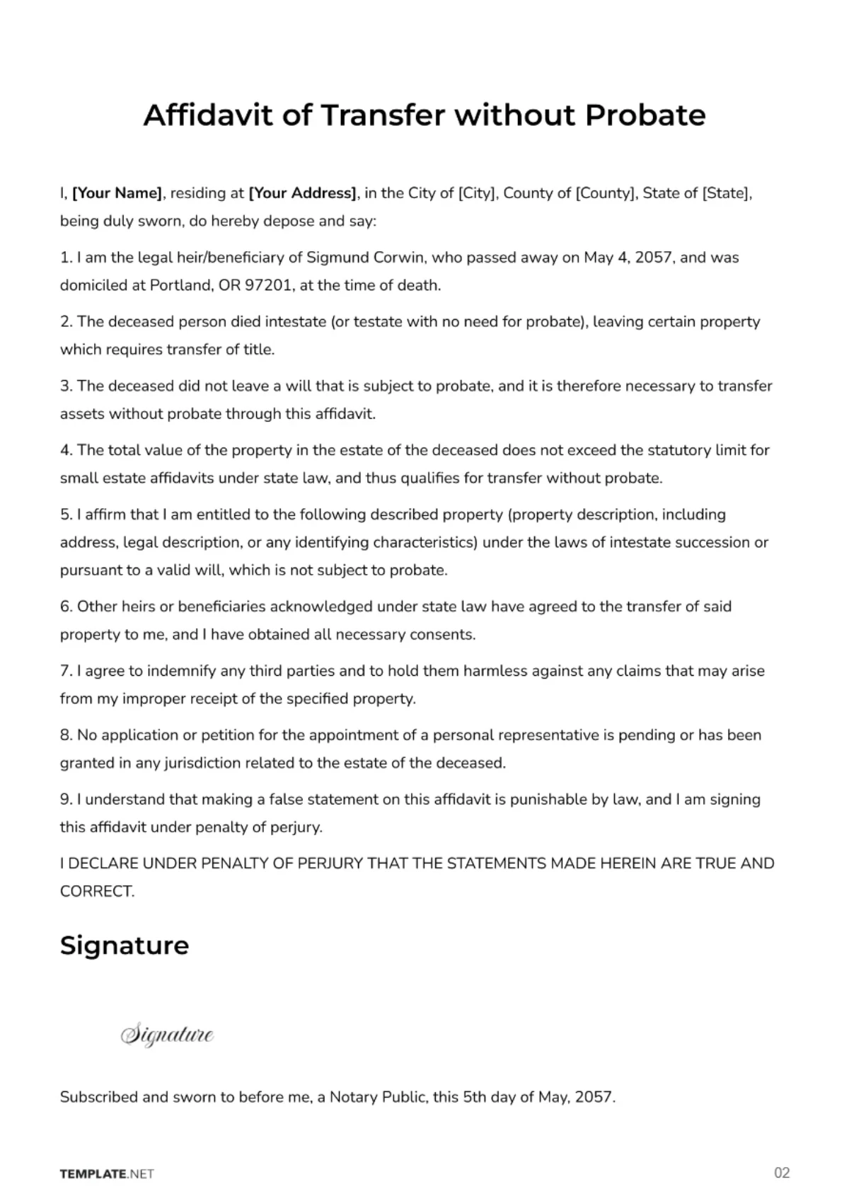Free Affidavit of Transfer Without Probate Template to Edit Online