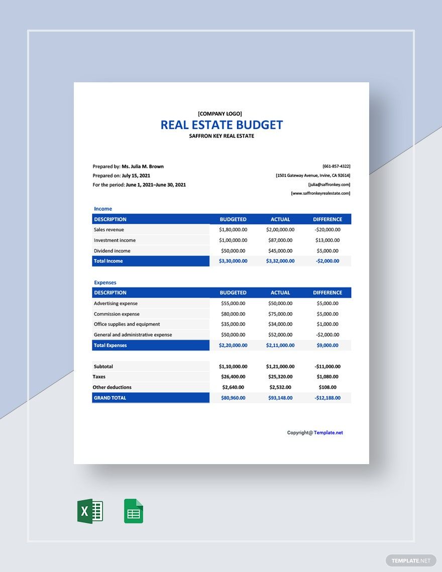 Free Simple Real Estate Budget Template