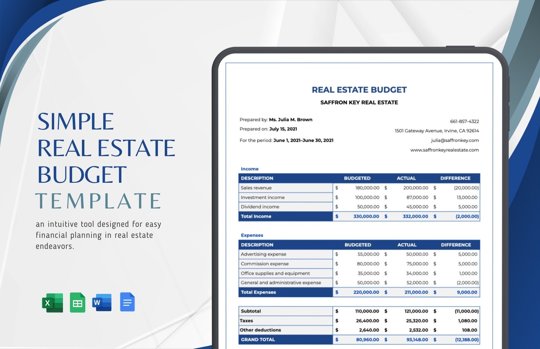 Simple Real Estate Budget Template in Word, Google Docs, Excel, Google Sheets