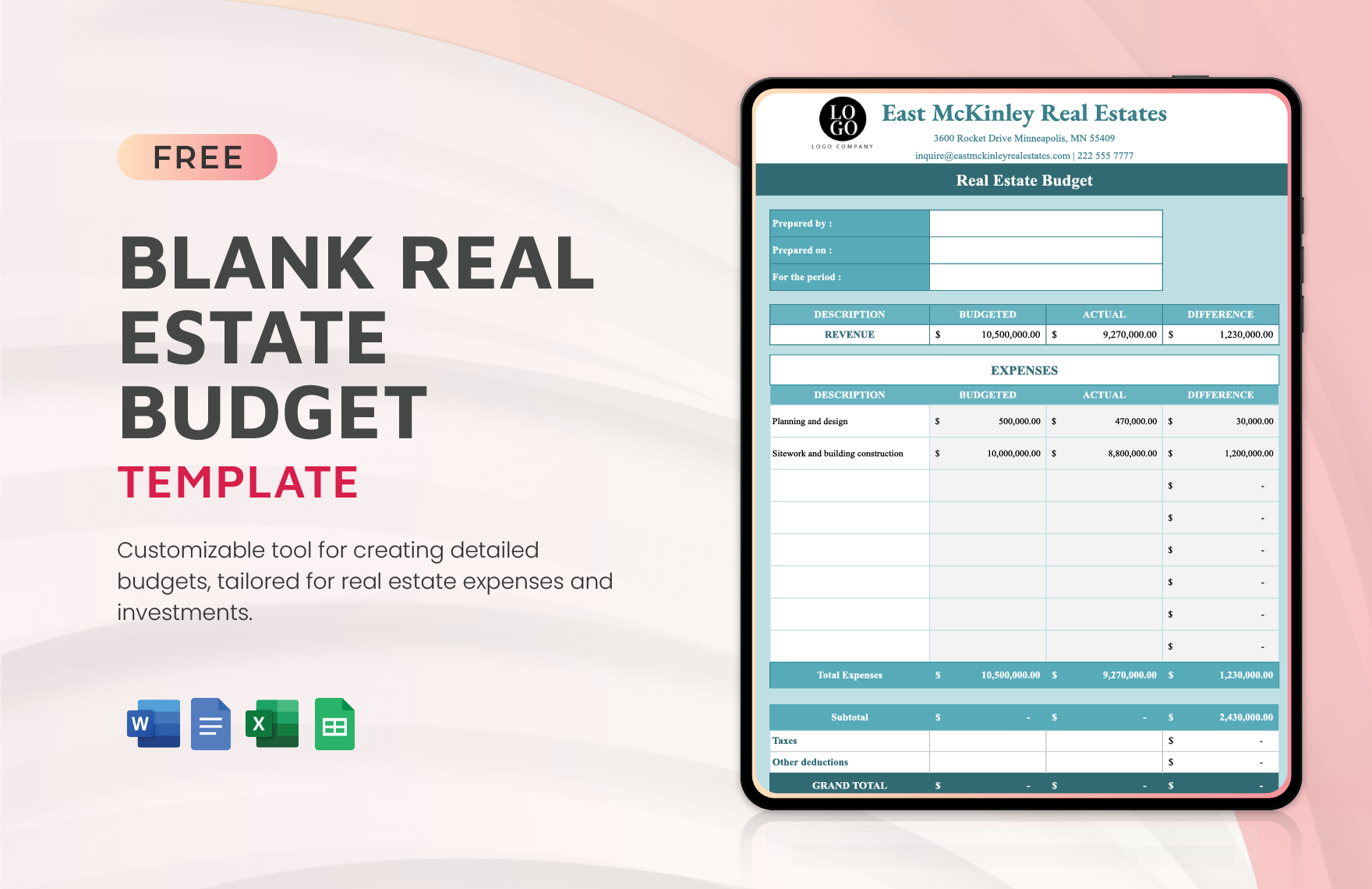 Blank Real Estate Budget Template