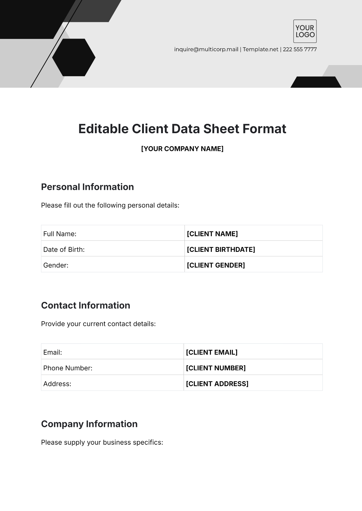 Free Editable Client Data Sheet Format Template