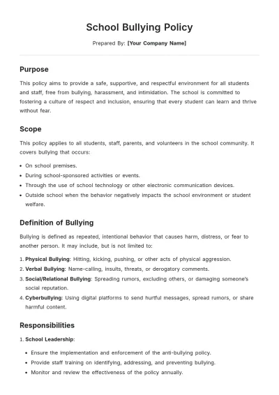 Free School Bullying Policy Template to Edit Online