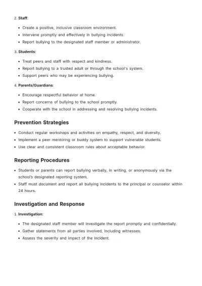 Free School Bullying Policy Template to Edit Online