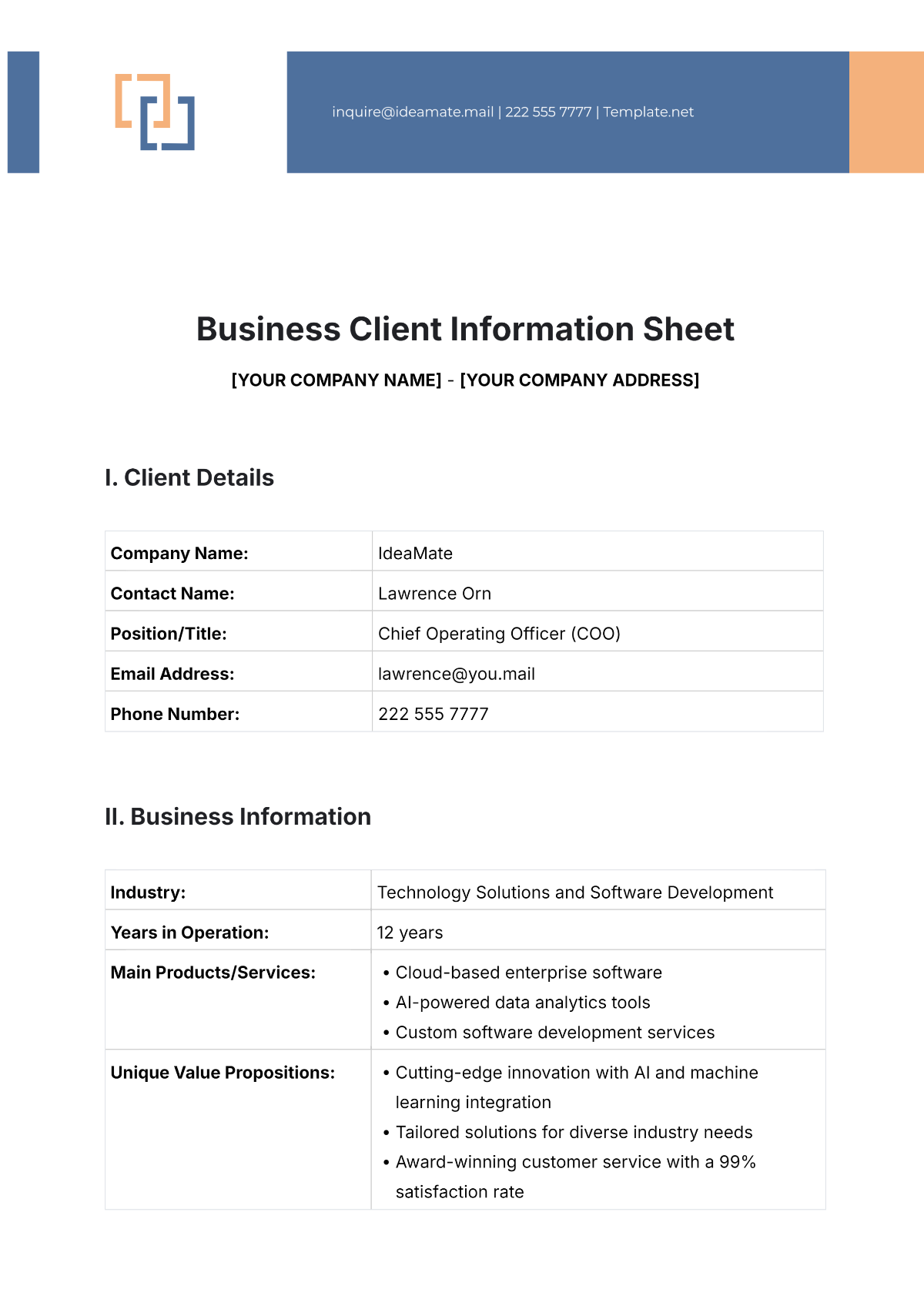 Free Business Client Information Sheet Template