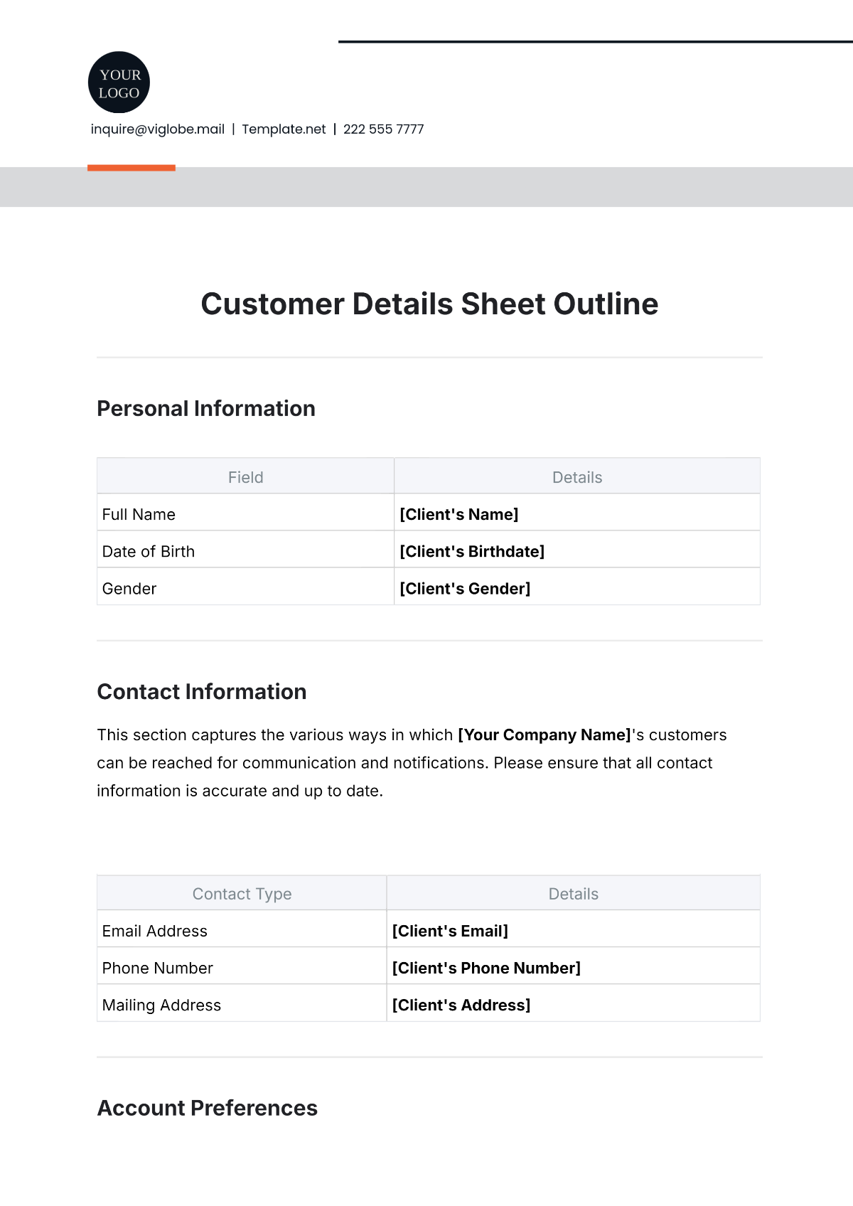 Free Customer Details Sheet Outline Template