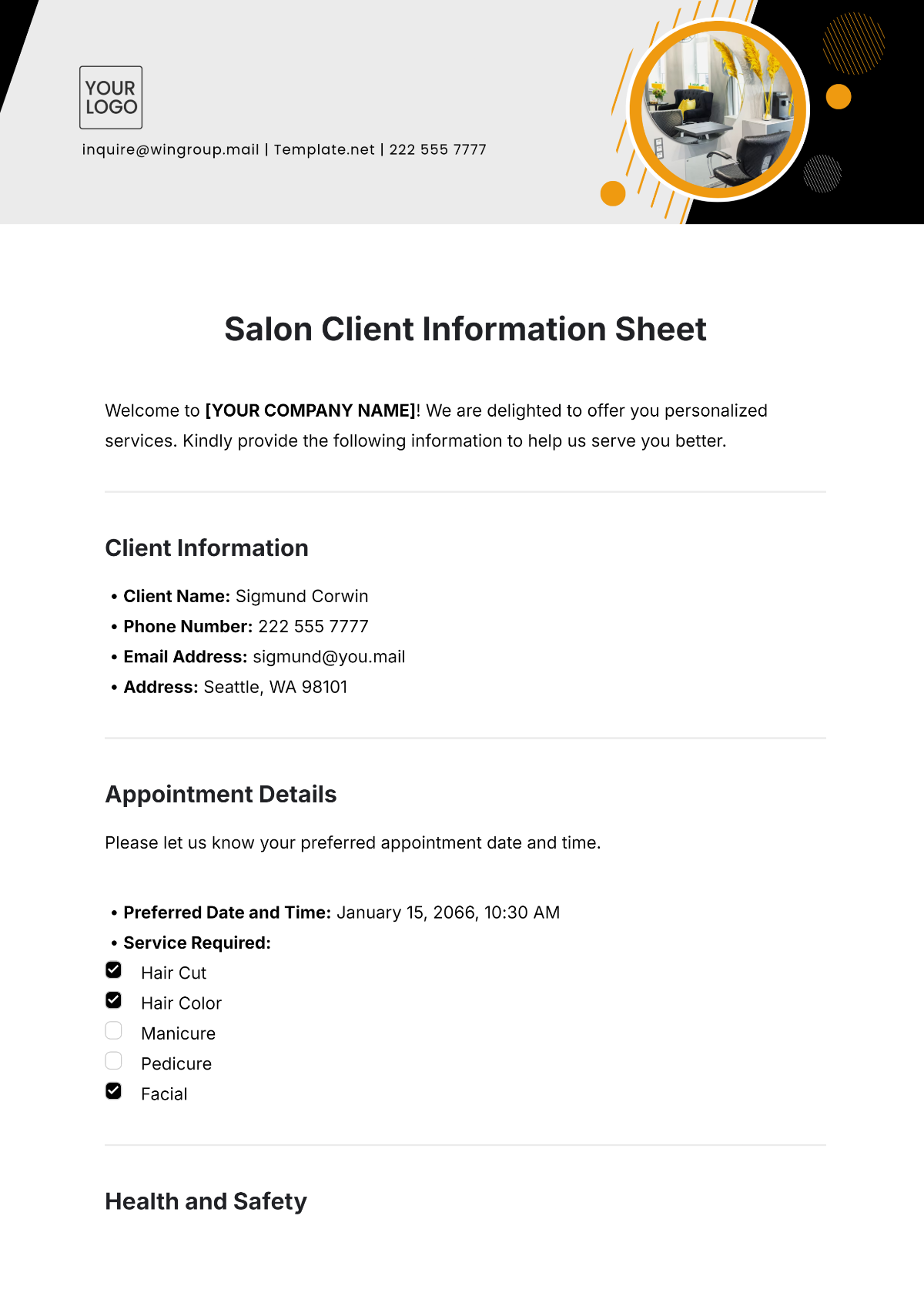 Free Salon Client Information Sheet Template