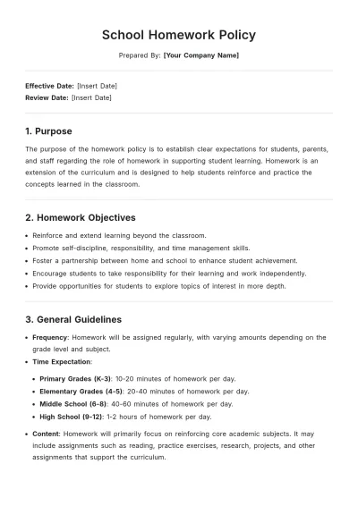 Free School Homework Policy Template to Edit Online