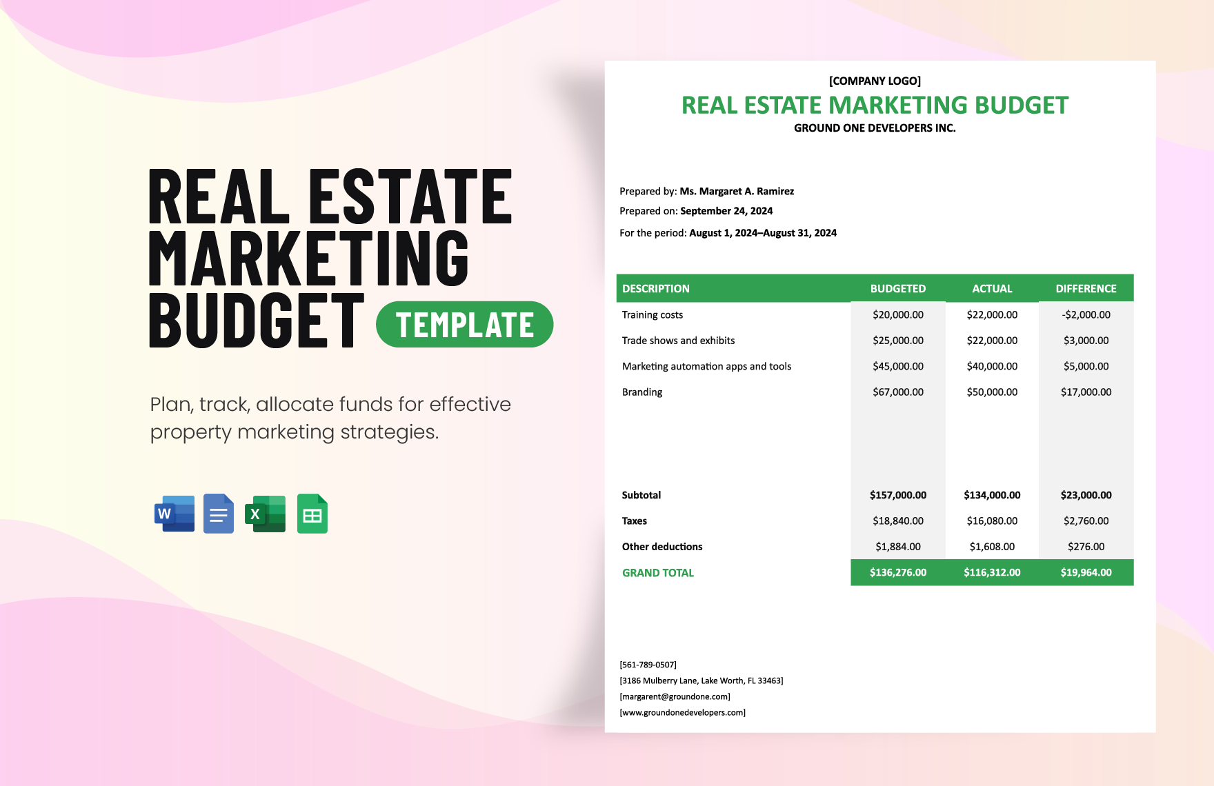 Real Estate Marketing Budget in Word, Google Docs, Excel, Google Sheets
