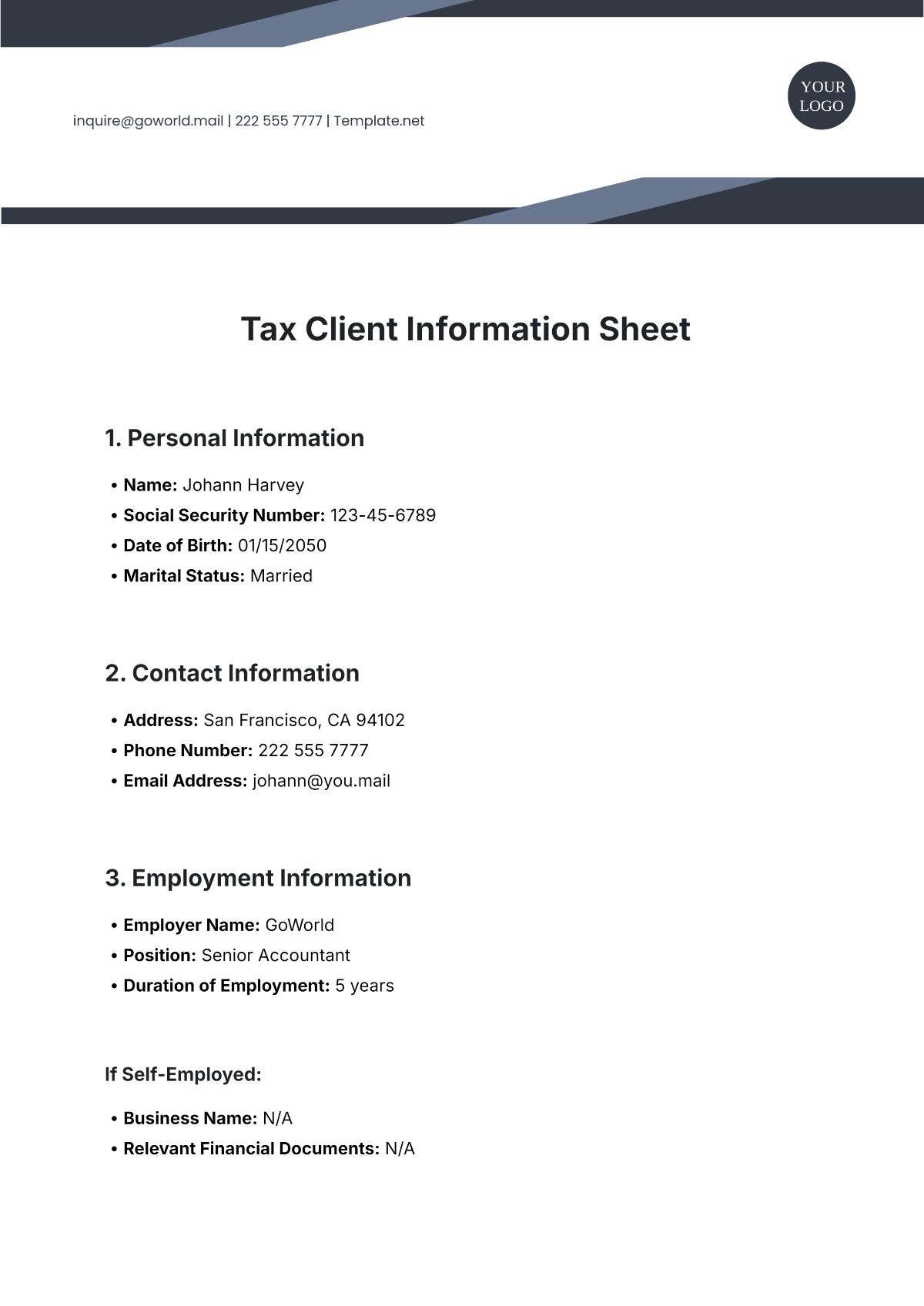 Free Tax Client Information Sheet Template