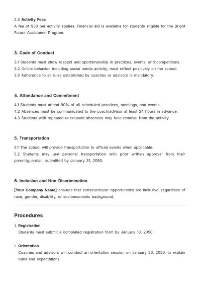 Free School Extracurricular Activities Policy Template to Edit Online