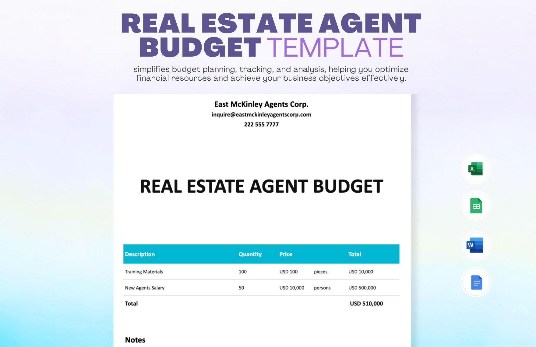 Real Estate Agent Budget Template in Word, Google Docs, Excel, Google Sheets