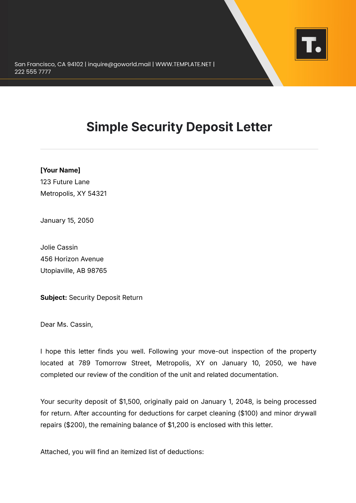 Simple Security Deposit Letter Template - Edit Online & Download