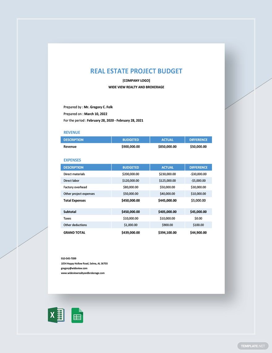 Free Real Estate Project Budget Template