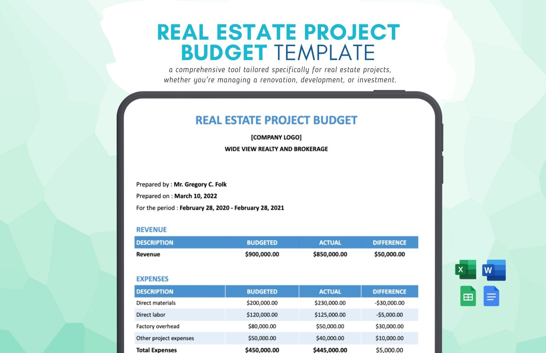 Free Real Estate Project Budget Template in Word, Google Docs, Excel, Google Sheets
