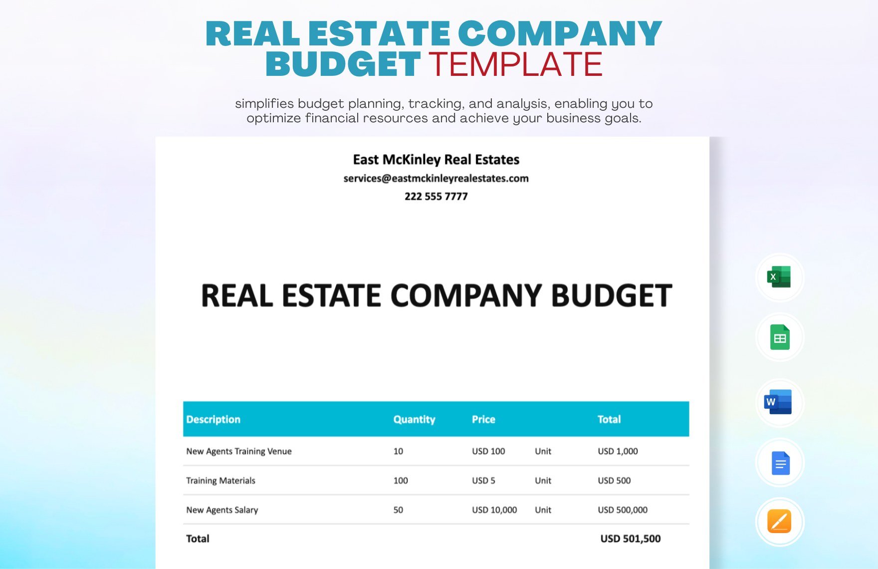 Real Estate Company Budget Template in Word, Google Docs, Excel, Google Sheets, Apple Pages