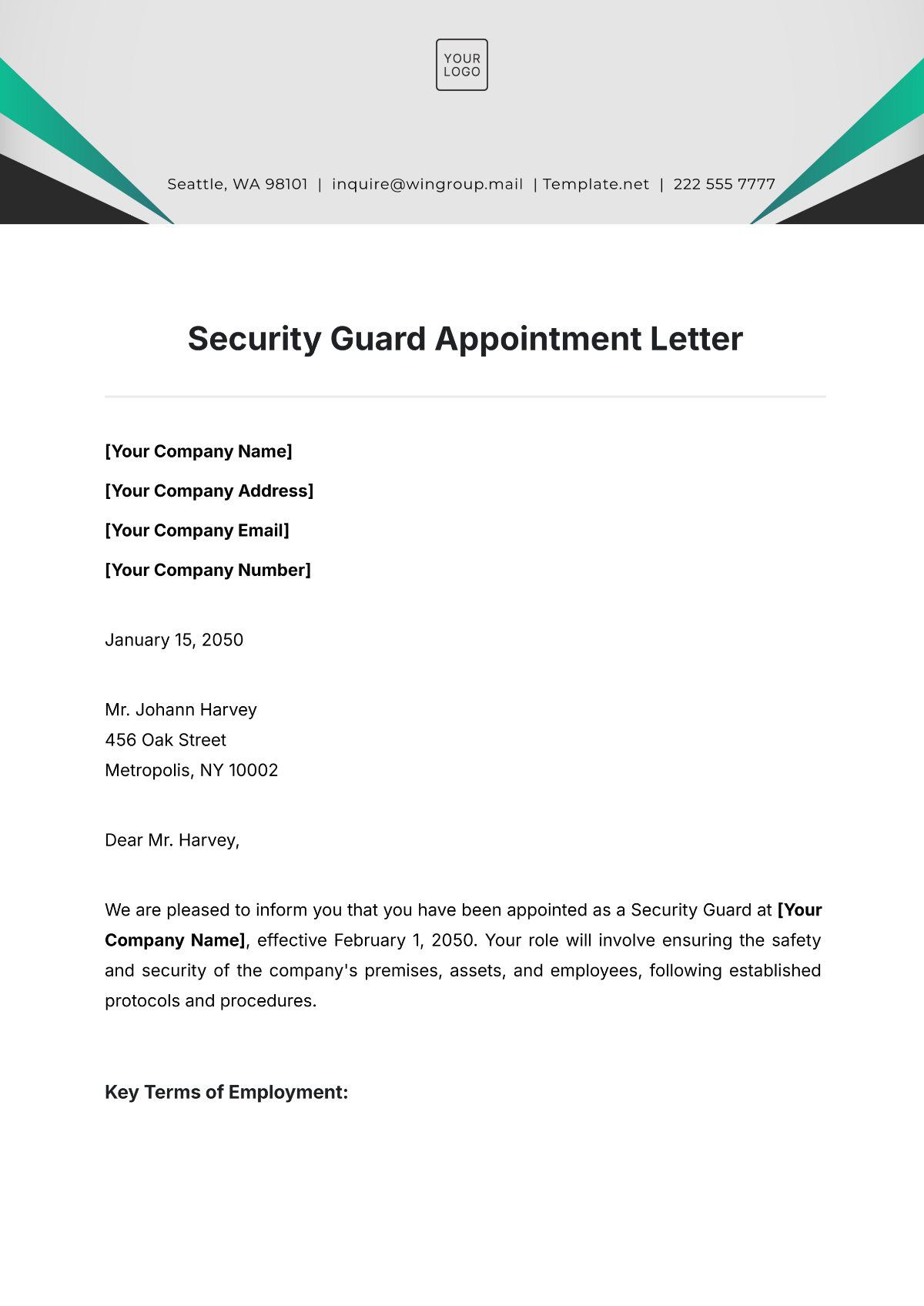 Security Guard Appointment Letter Template - Edit Online & Download