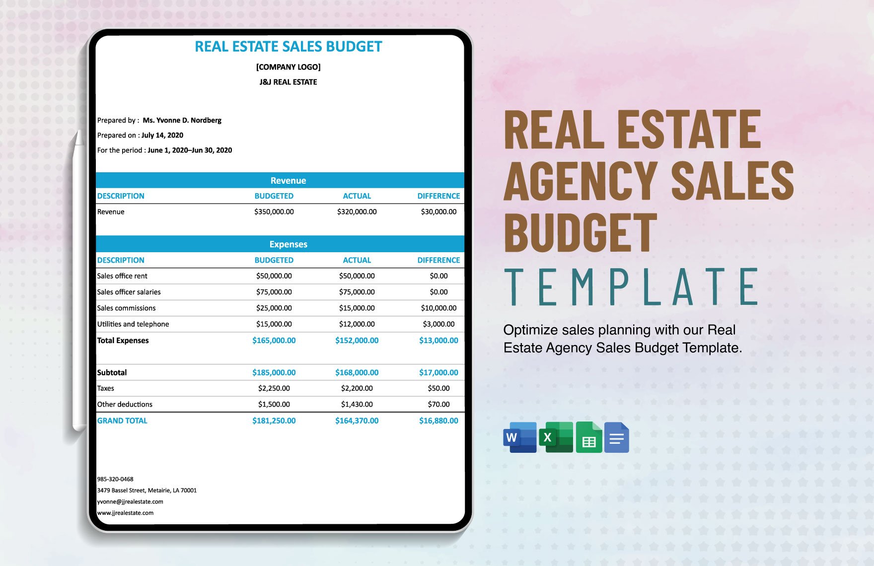 Real Estate Agency Sales Budget Template in Word, Google Docs, Excel, Google Sheets